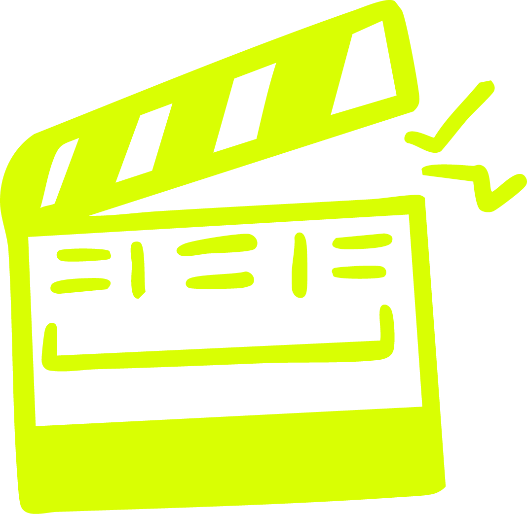 Neon green illustration of a movie clapperboard with sound lines.