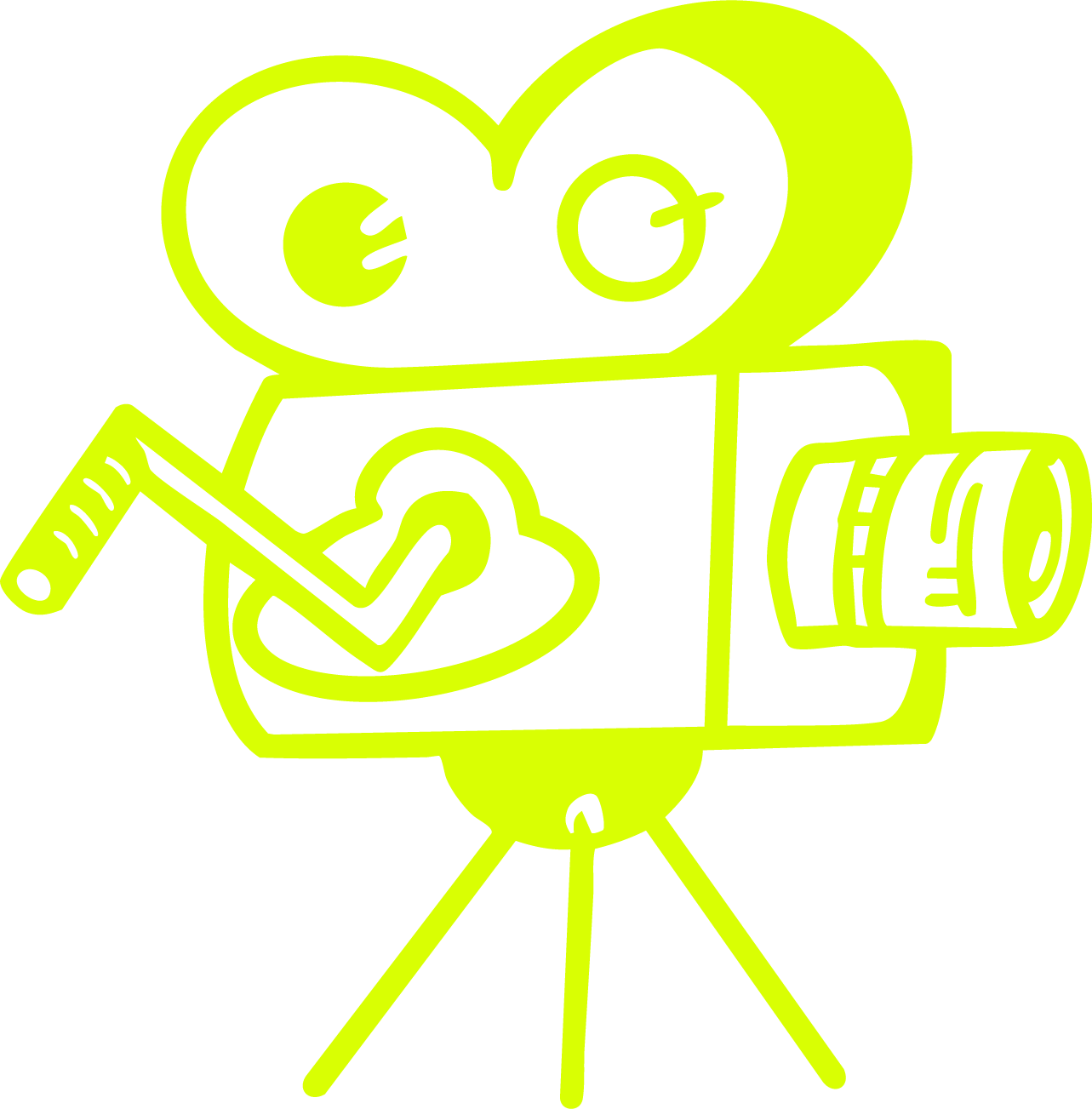 Graphic illustration of a vintage movie camera with a bright yellow outline on a black background.