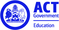 Logo of ACT Government Education with a blue circular emblem featuring a rider on a horse and a shield.
