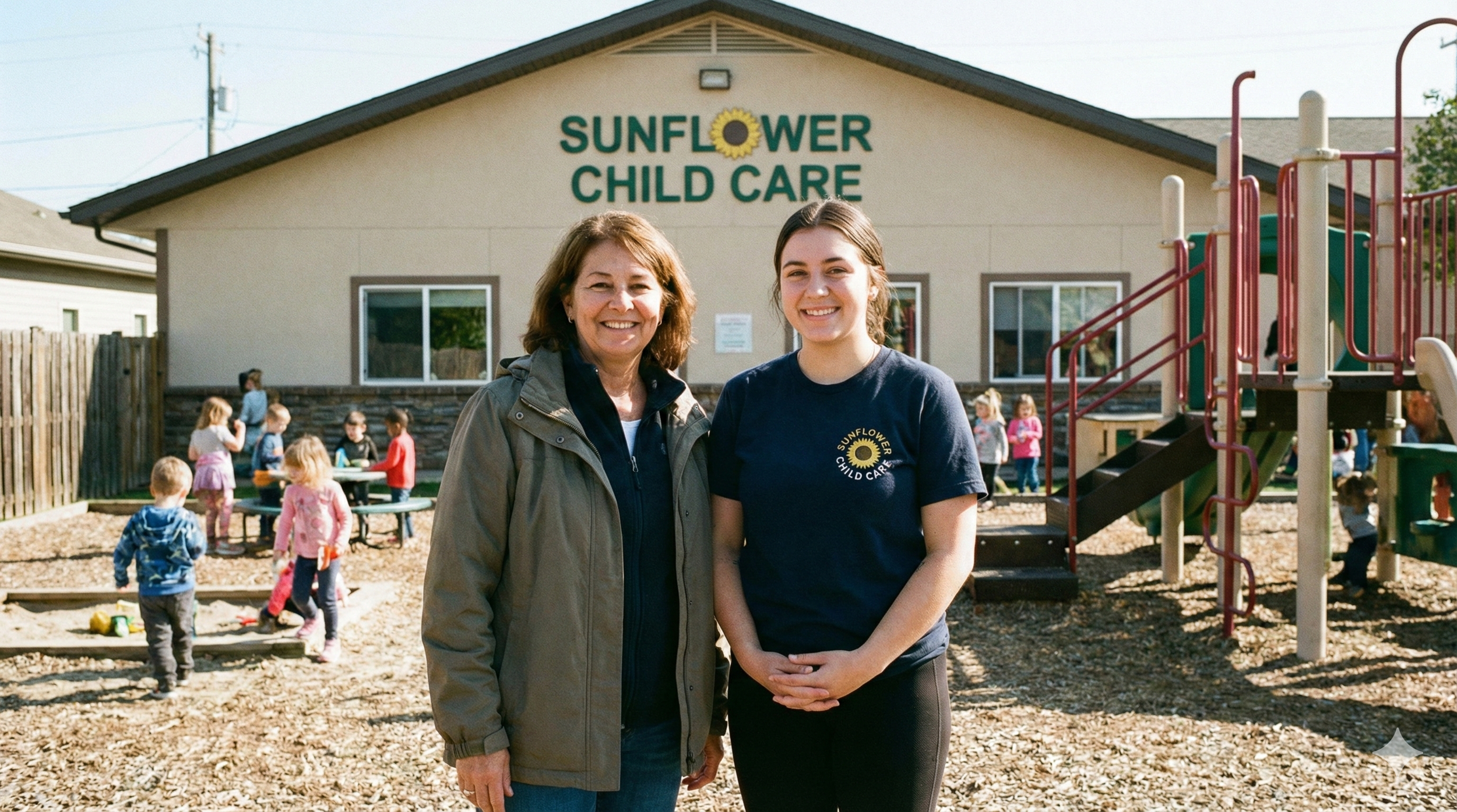 Two women smiling in front of a childcare center with a playground and children playing outside