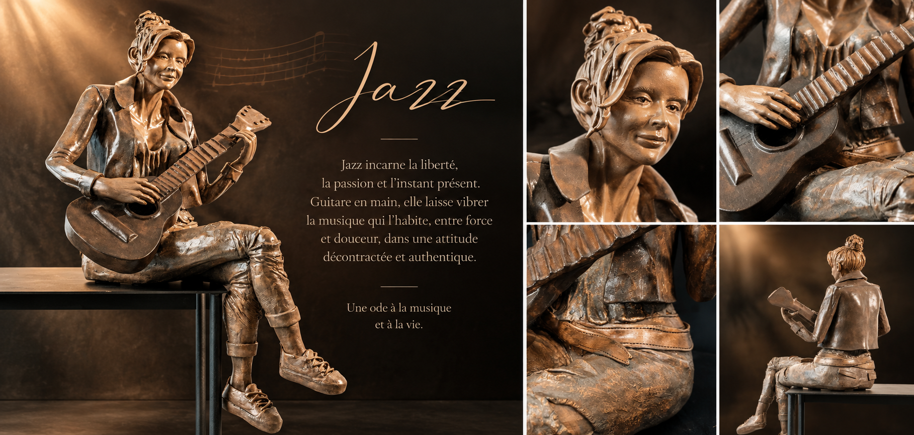 Jazz, sculpture féminine contemporaine d’Anita de Nervaud jouant de la guitare.