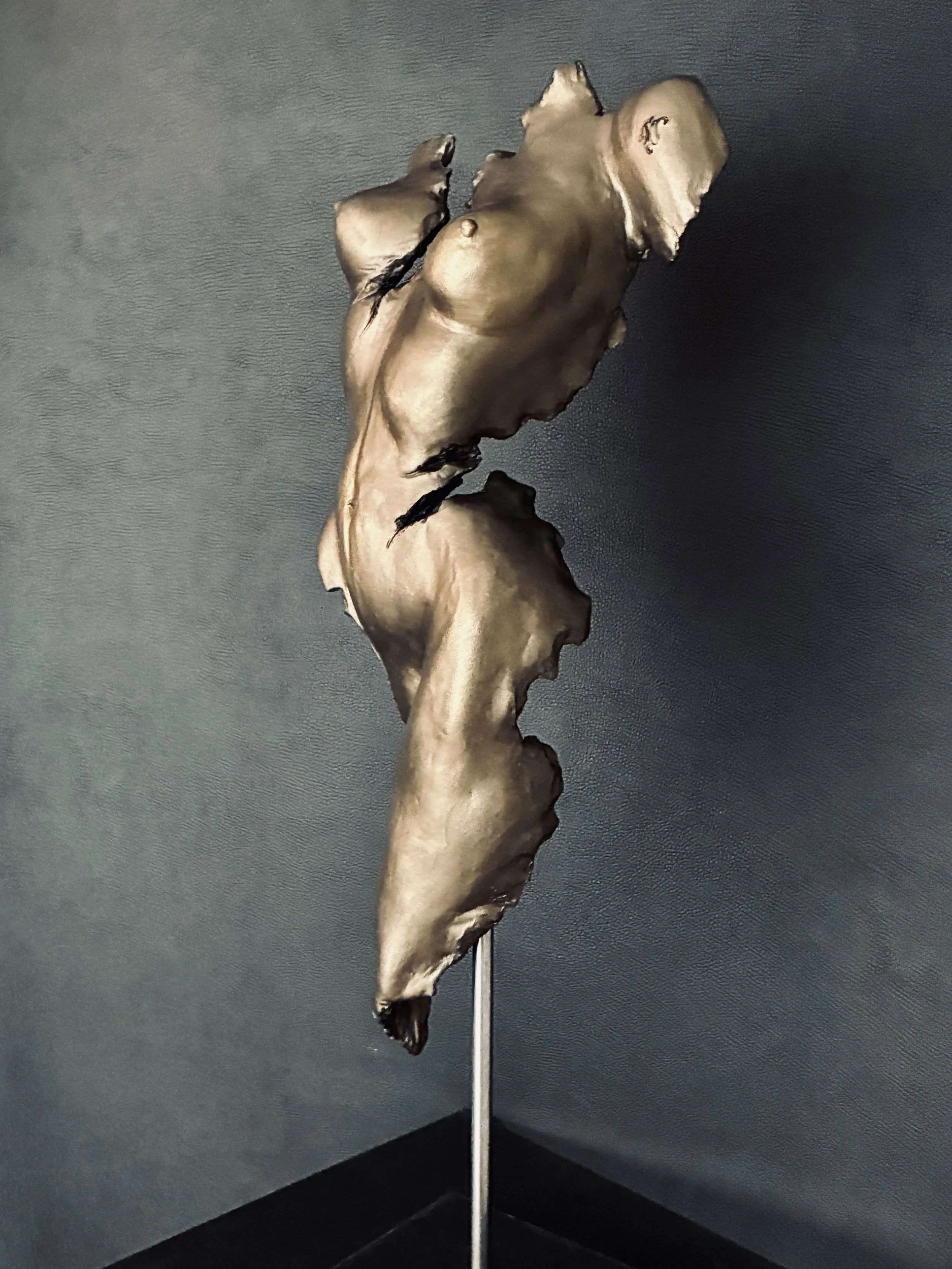 Mes bustes, féminins et masculins, en grès ou en étain, sont des présences silencieuses.
Ils peuvent aussi devenir des appliques lumineuses, laissant la lumière révéler la matière et accompagner l’espace avec douceur.