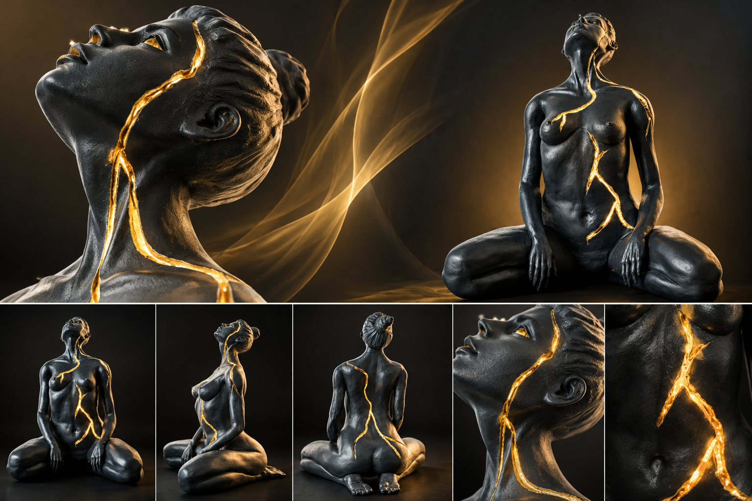 Flamme, sculpture féminine lumineuse noire et or d’Anita de Nervaud, éclairée par une lumière LED intérieure.