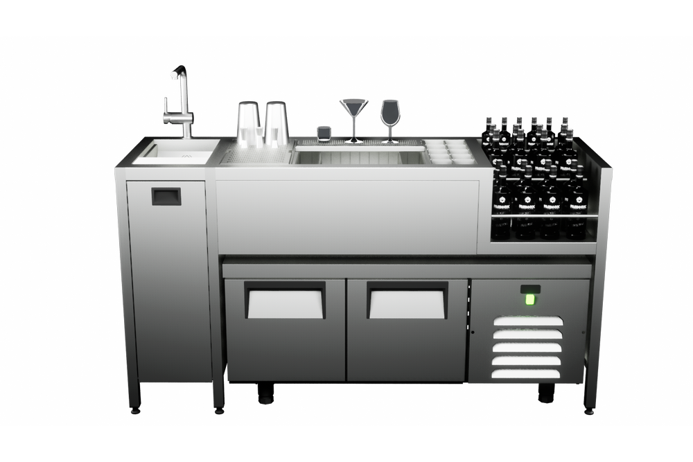 Metropolis Cocktail Station for 1 Bartender with Sink, Ice Bin, Speed Rail and Garnish Boxes and Fridge or Freezer