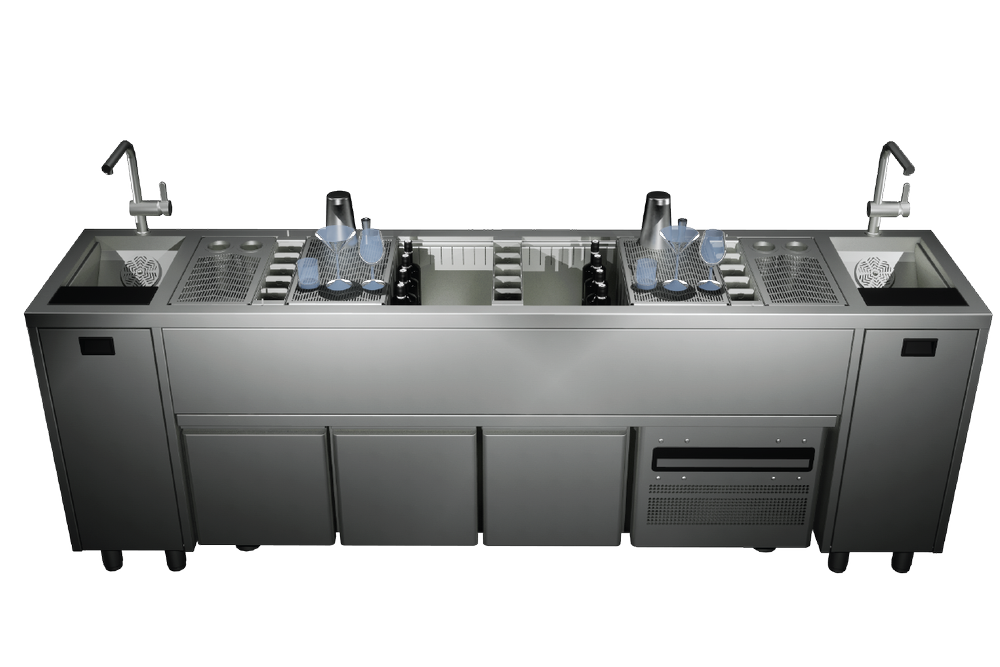 Skyline Cocktail Station for 2 Bartenders with Sink, Ice Bin, Speed Rail and Garnish Boxes and Fridge or Freezer