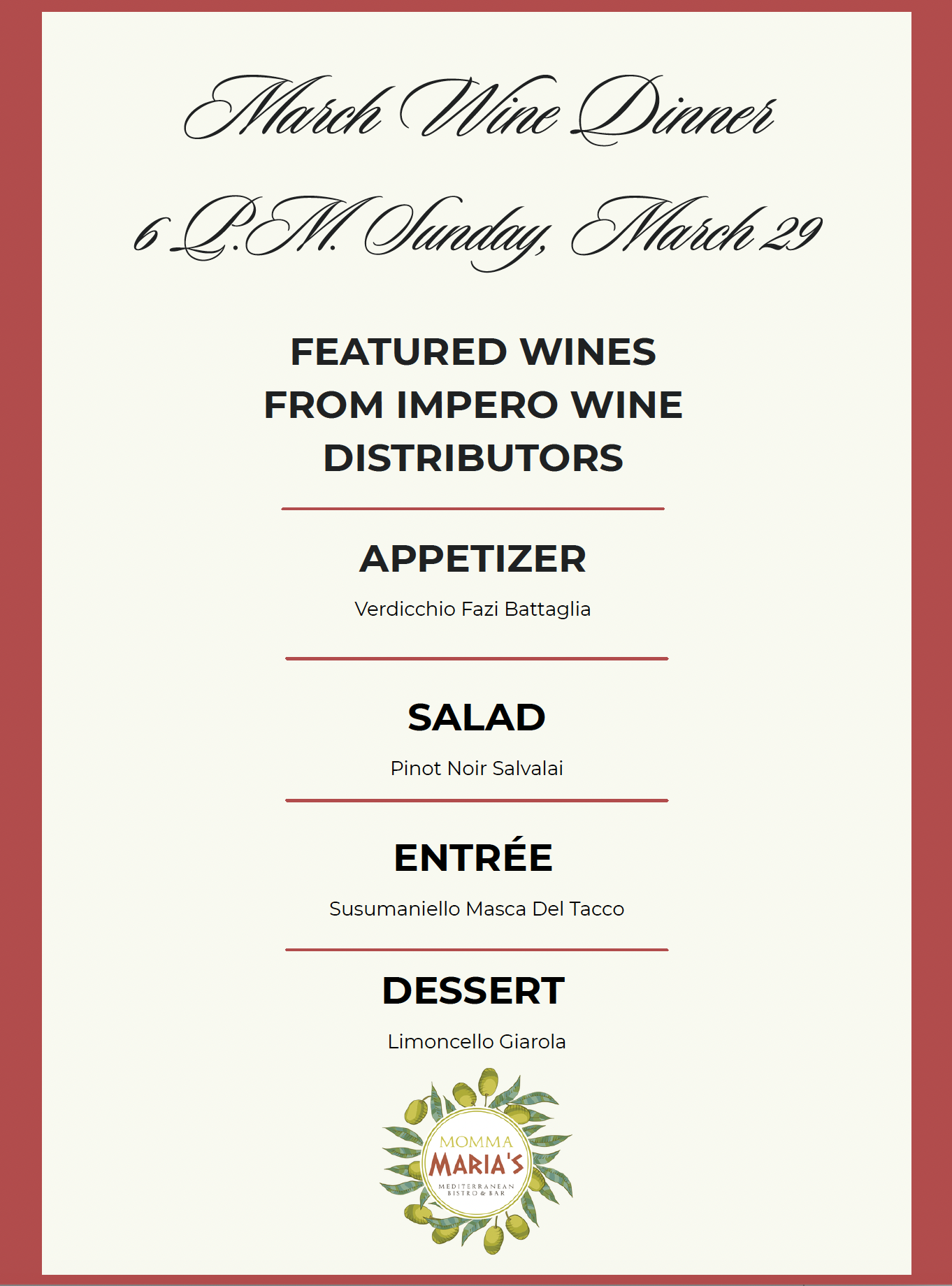 Momma Maria's March wine dinner