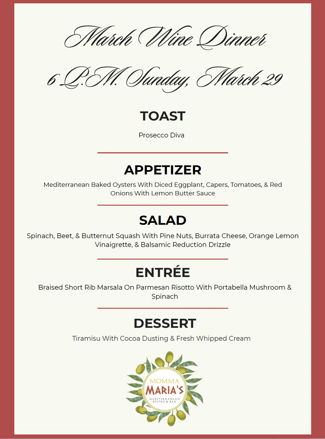 Momma Marias March wine dinner