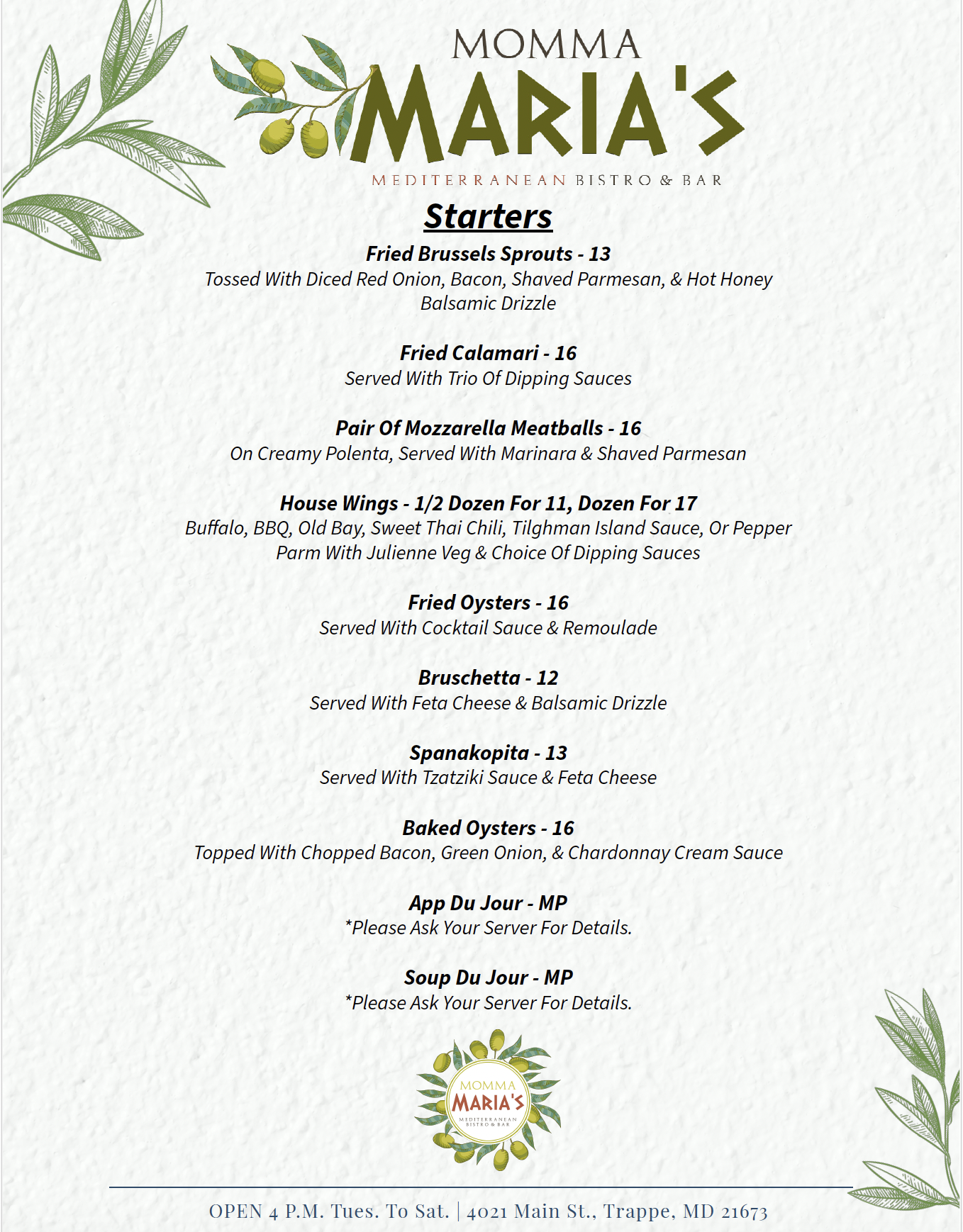 Momma Maria's appetizers menu