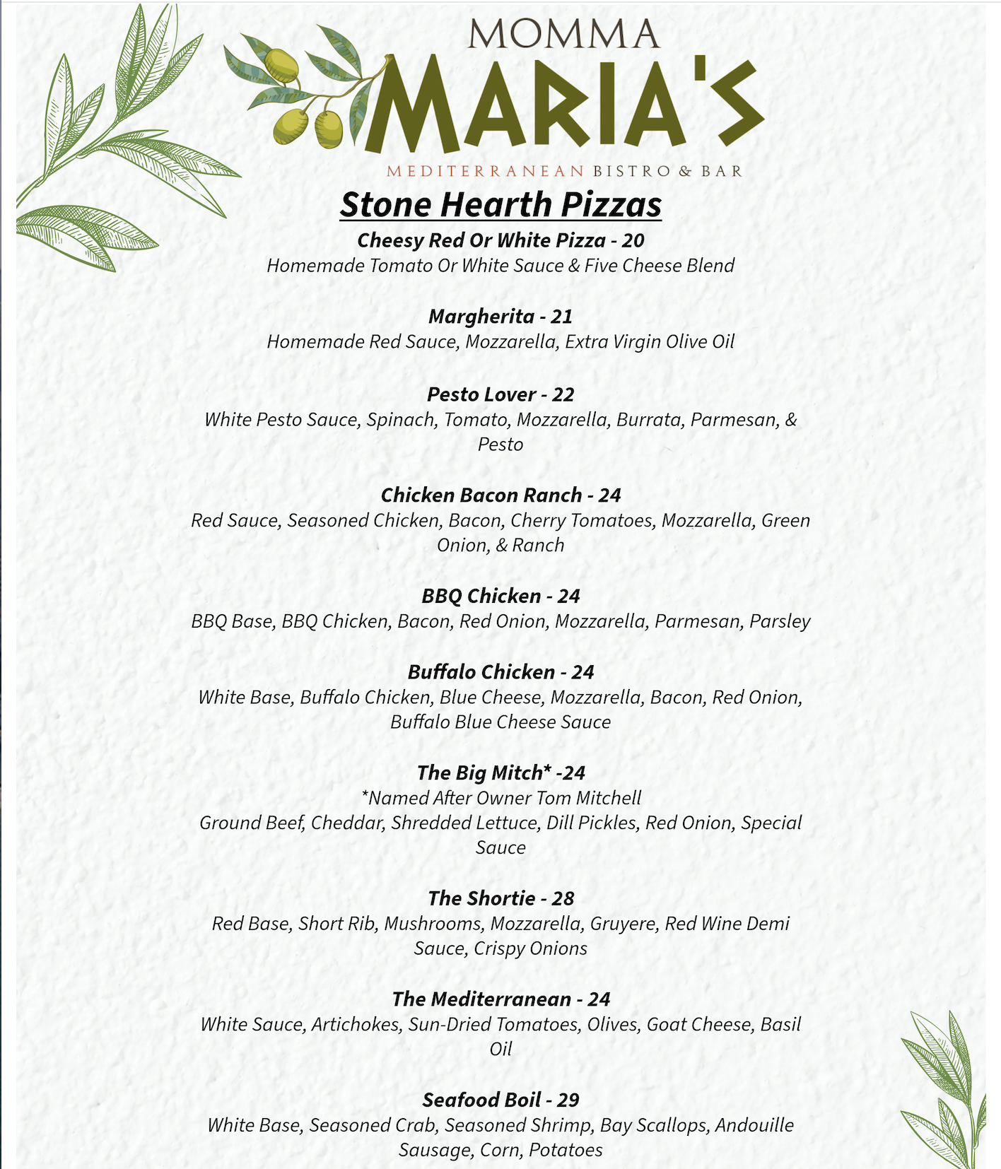 Momma Maria's pizza menu