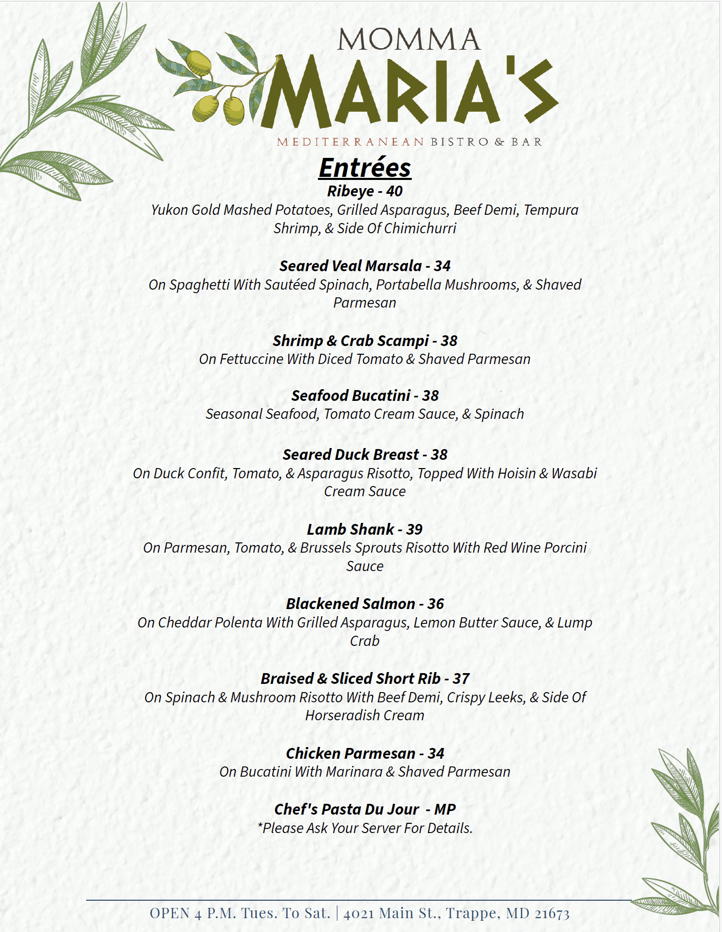 Momma Maria's entrée menu