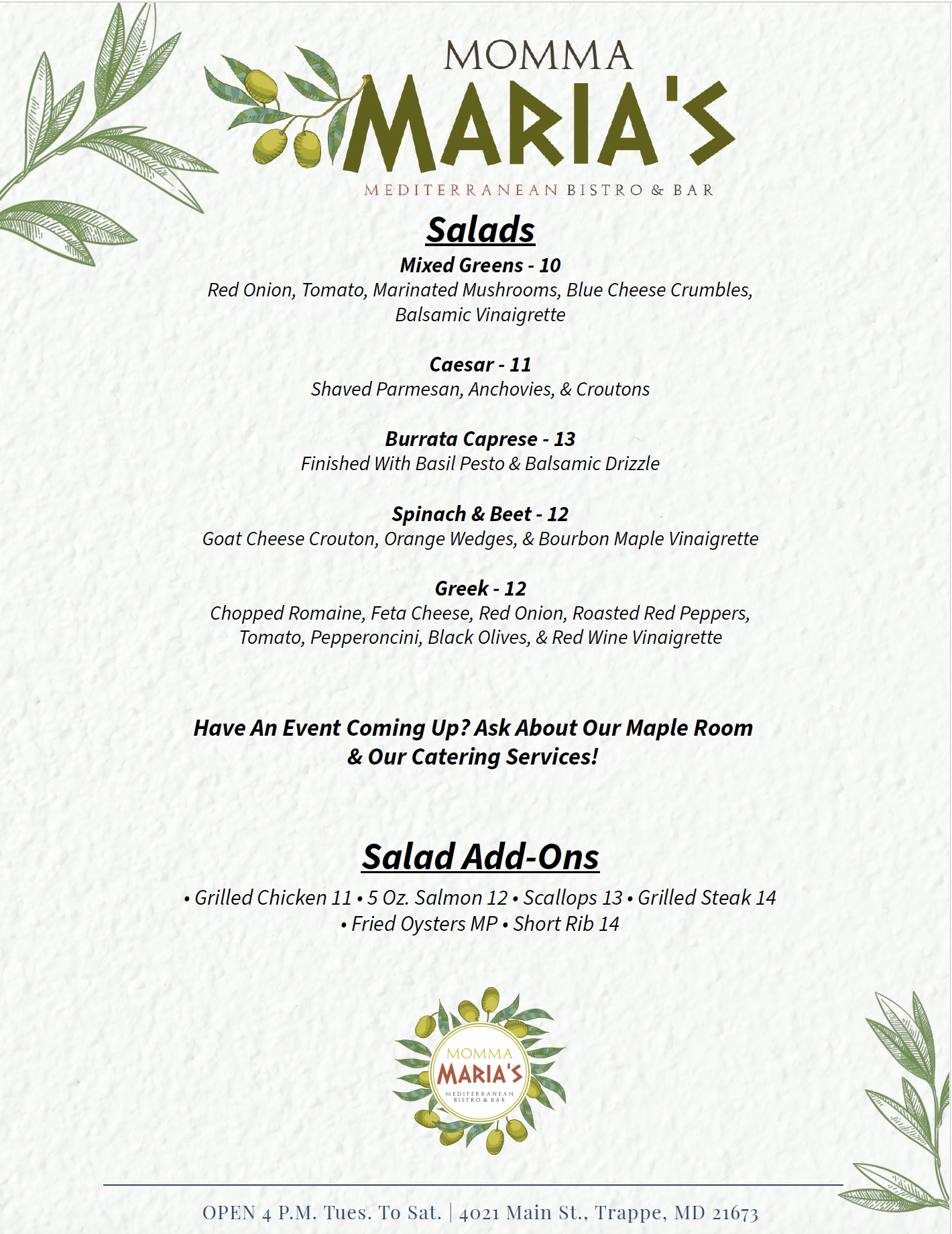 Momma Maria's salads menu