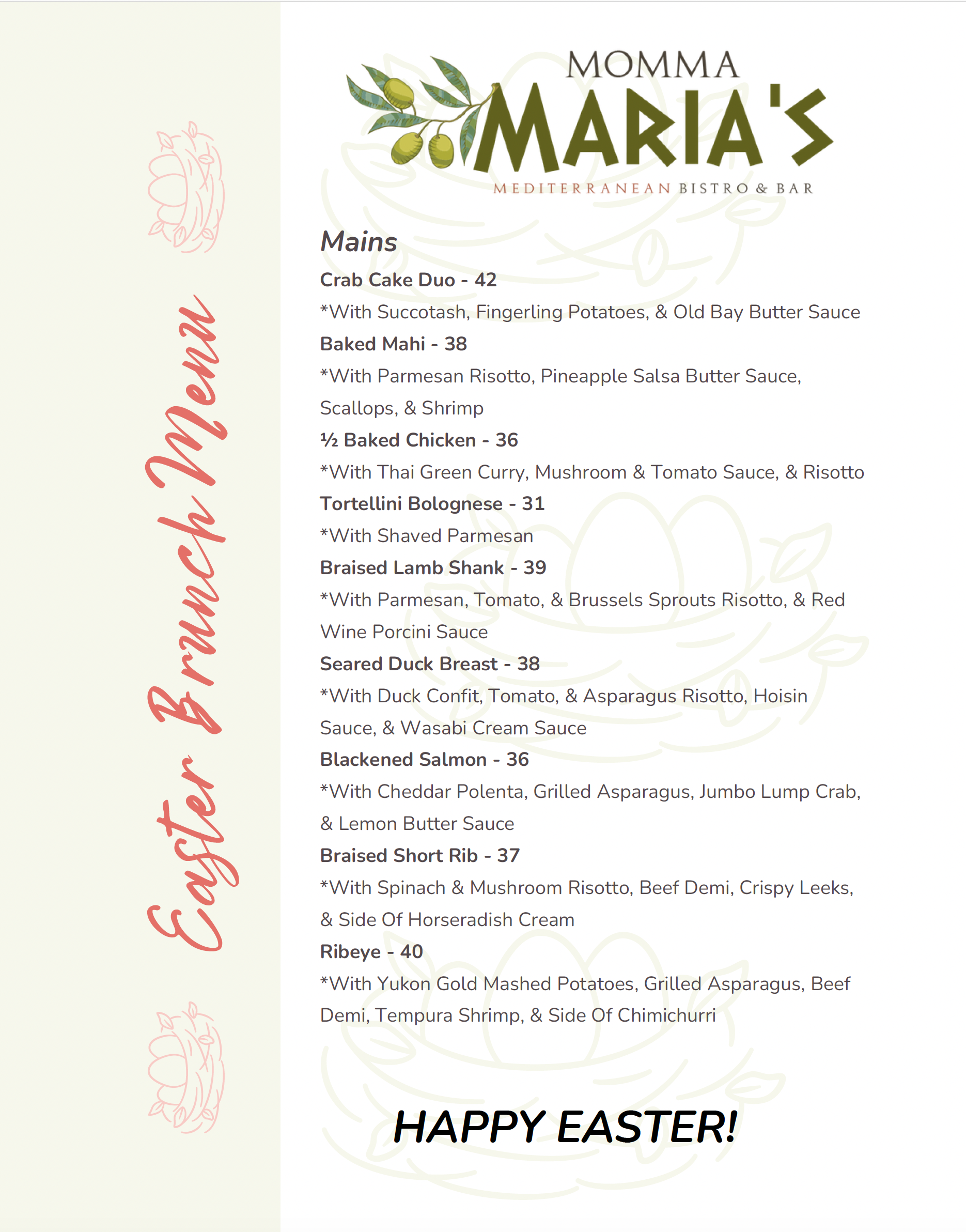 Momma Maria's Easter brunch menu