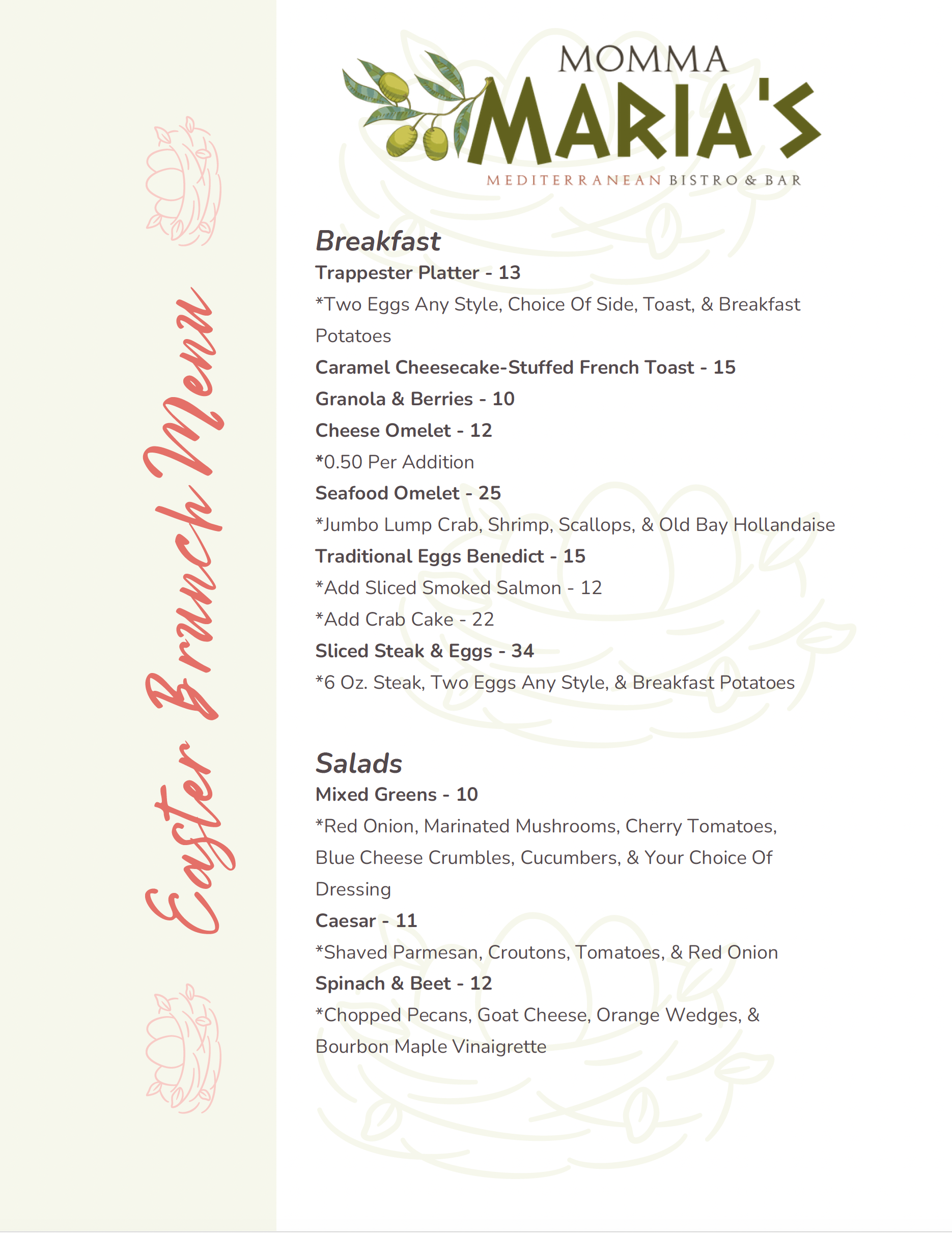 Momma Maria's Easter brunch menu