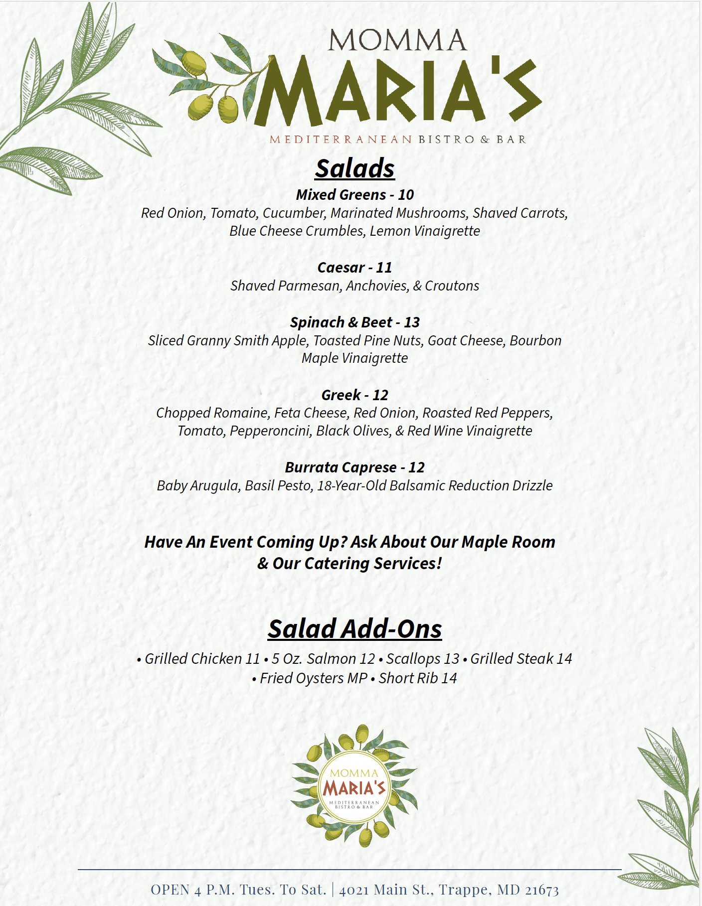 Momma Maria's salad menu