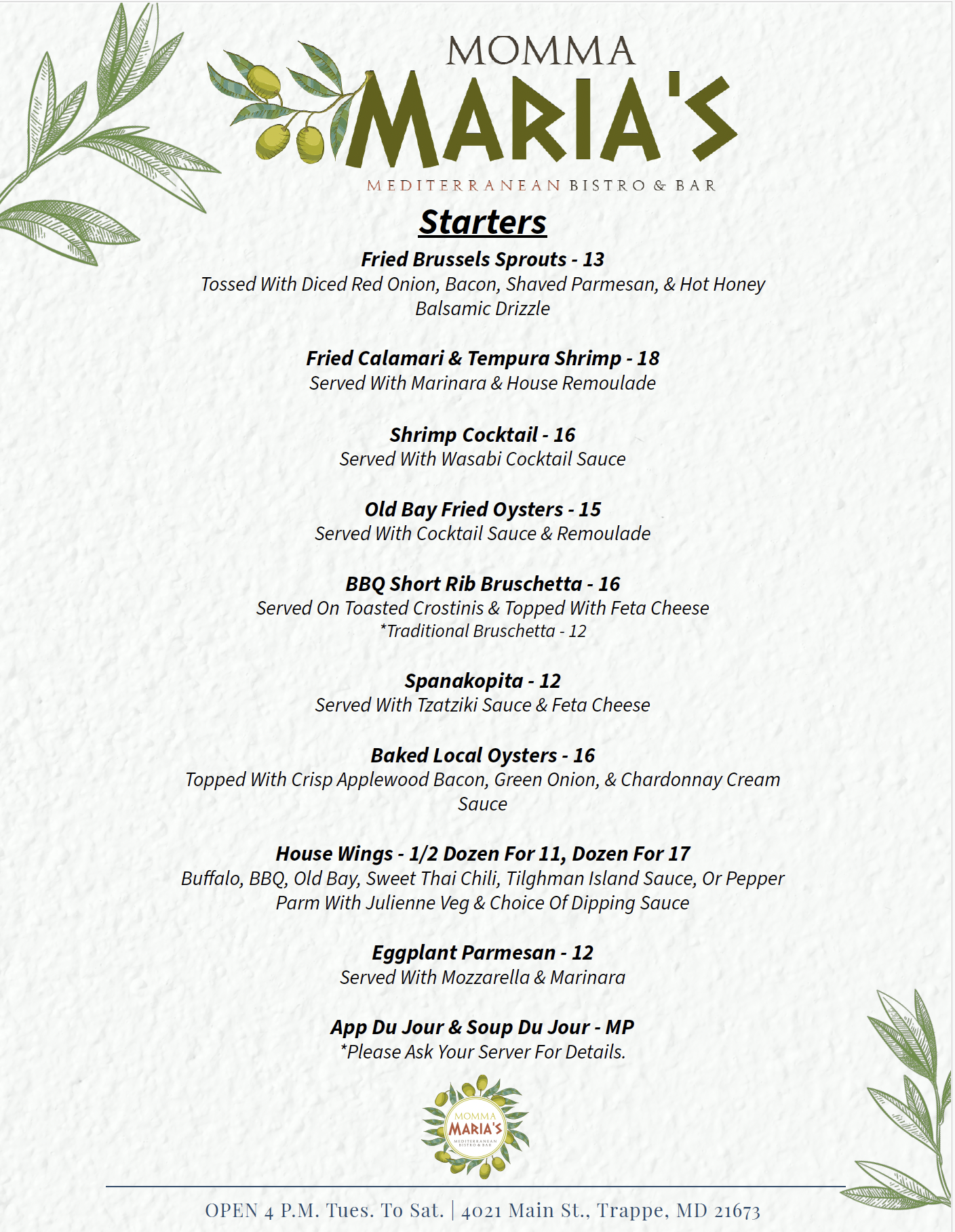 Momma Maria's app menu