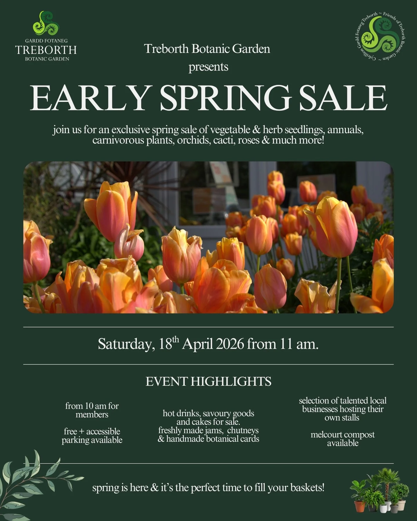 We are so excited to welcome you to our early spring plant sale this Saturday 18th April 11am (10am for members)! 🌱🪻🫛🪴🍎
 
All plants are grown by members of the Friends and Treborth Botanic Garden horticulturists. We will have a wide selection o