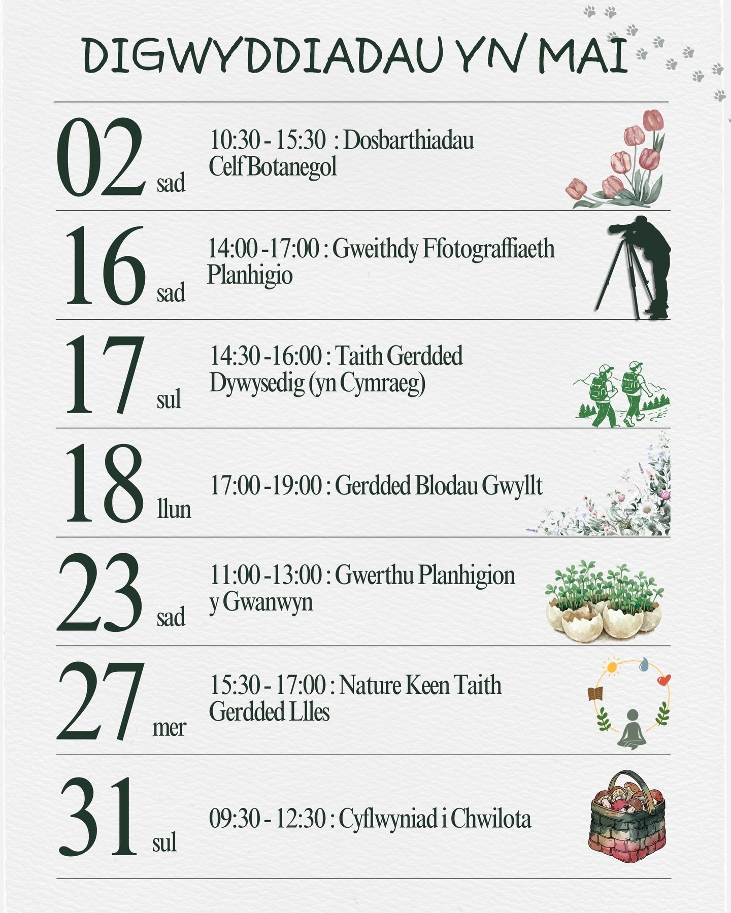 🌿 Beth sydd ymlaen ym mis Mai yng Ngardd Fotaneg Treborth
 
Cadwch hwn fel nad ydych chi'n colli allan 👇
 
 🎨 2 Mai &ndash; Dosbarth Celf Botanegol
&bull; Archebwch drwy e-bostio neu ffonio (doreensbotanicals@gmail.com neu 07508 728418)
&bull; Te,