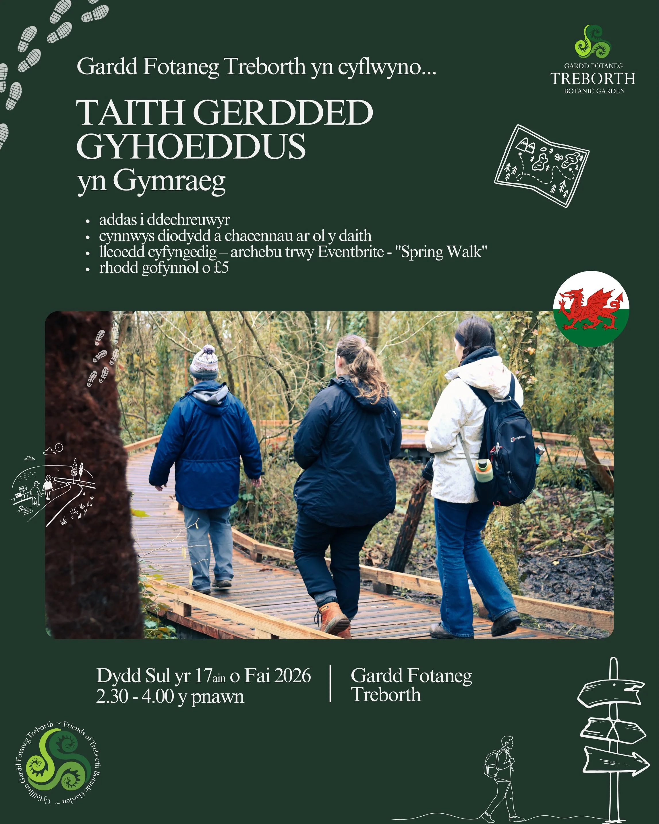 Rydym yn cynnal cyfres o deithiau cerdded drwy gydol y flwyddyn, dan arweiniad gwirfoddolwyr o Gyfeillion Treborth.
&nbsp;
Rydym yn gofyn am gyfraniad o &pound;5 yr un, a fydd yn cael ei gasglu ar y diwrnod; gellir talu ag arian parod neu gerdyn. Nid