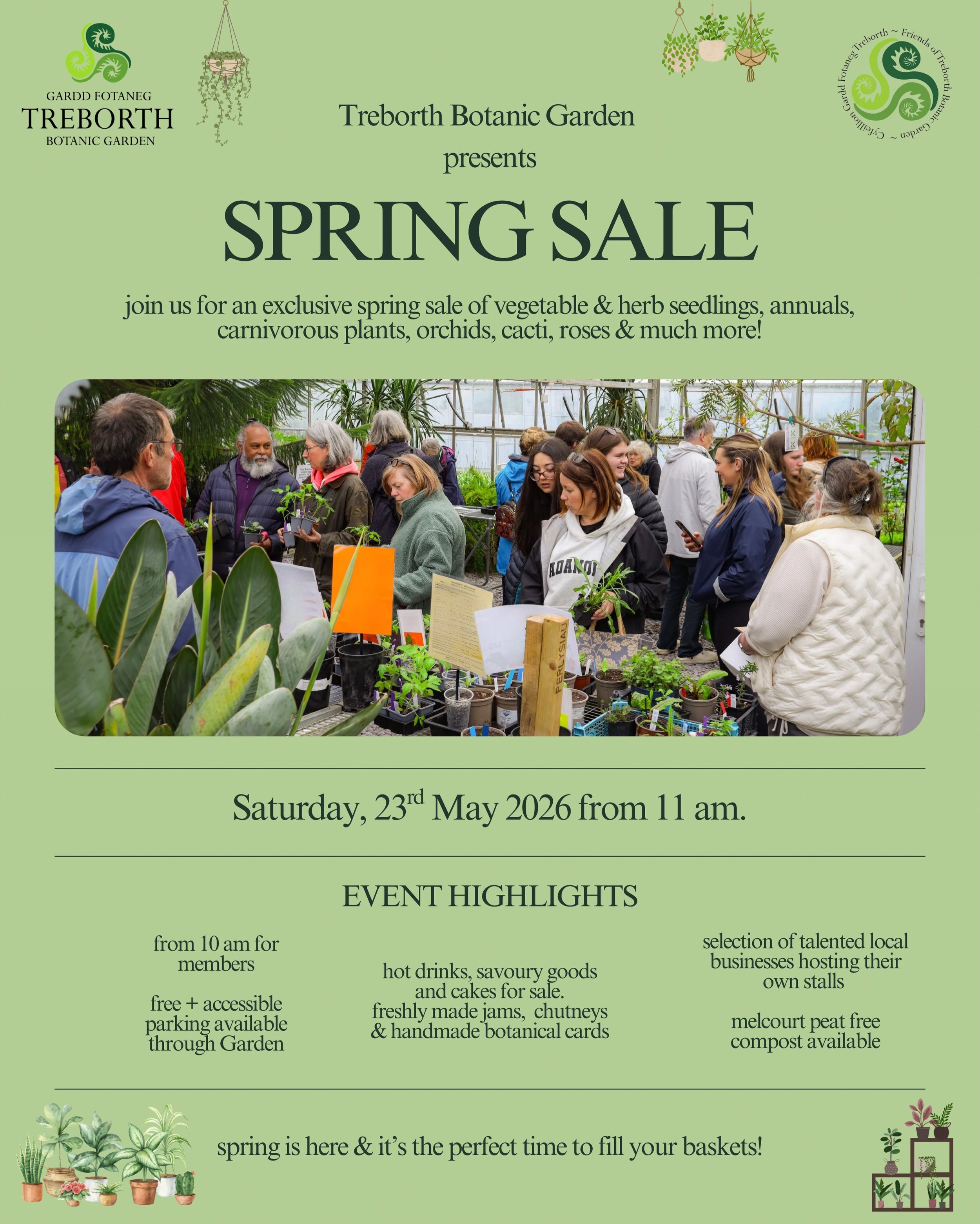 We are so excited to welcome you to our spring plant sale this Saturday 23rd May 11 am (10 am for members)! 🌱🪻🫛🪴🍎

All plants are grown by members of the Friends and Treborth Botanic Garden horticulturists. We will have a wide selection of plant