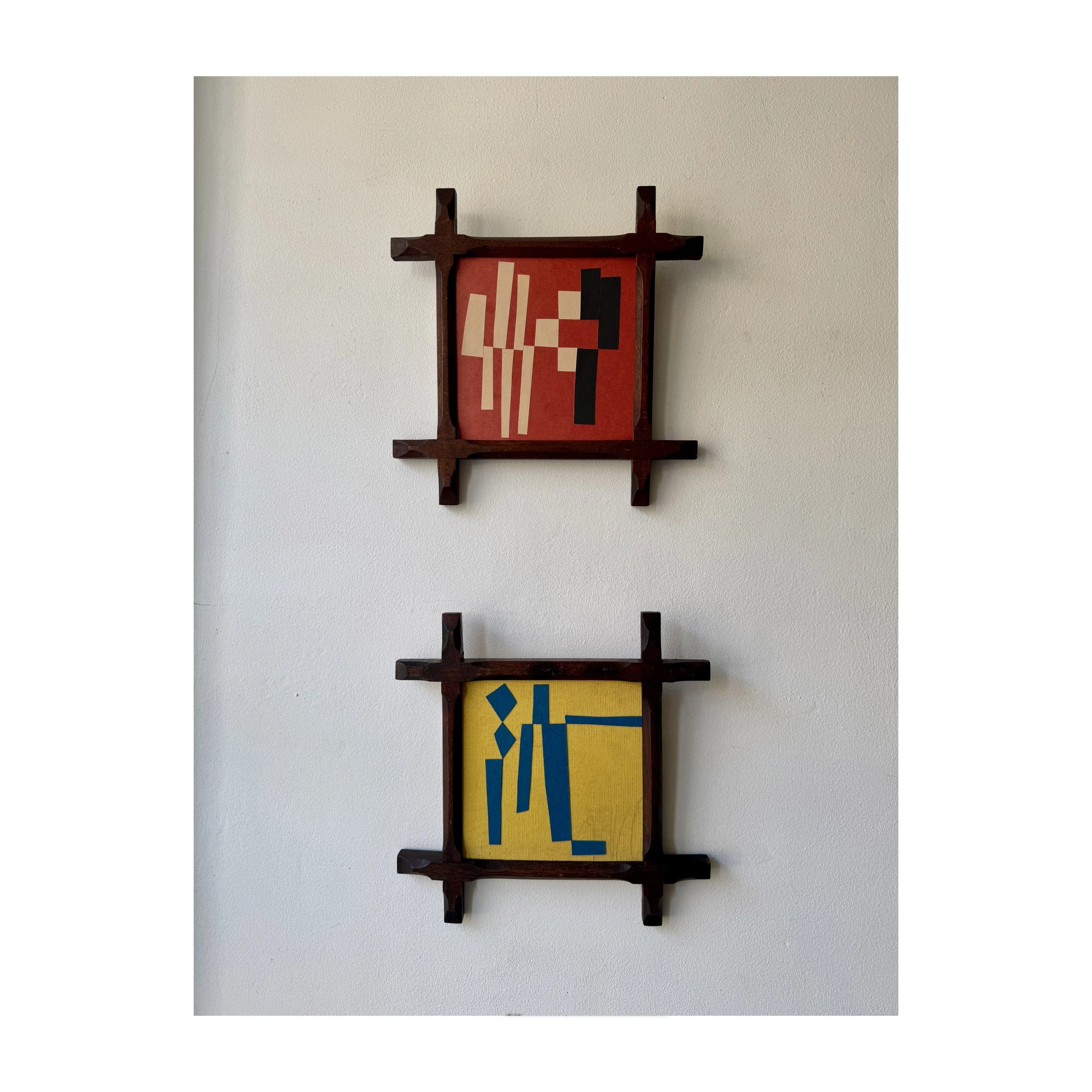 Blue and yellow collage using found materials in a reclaimed vintage frame by British contemporary artist Lauri Hopkins