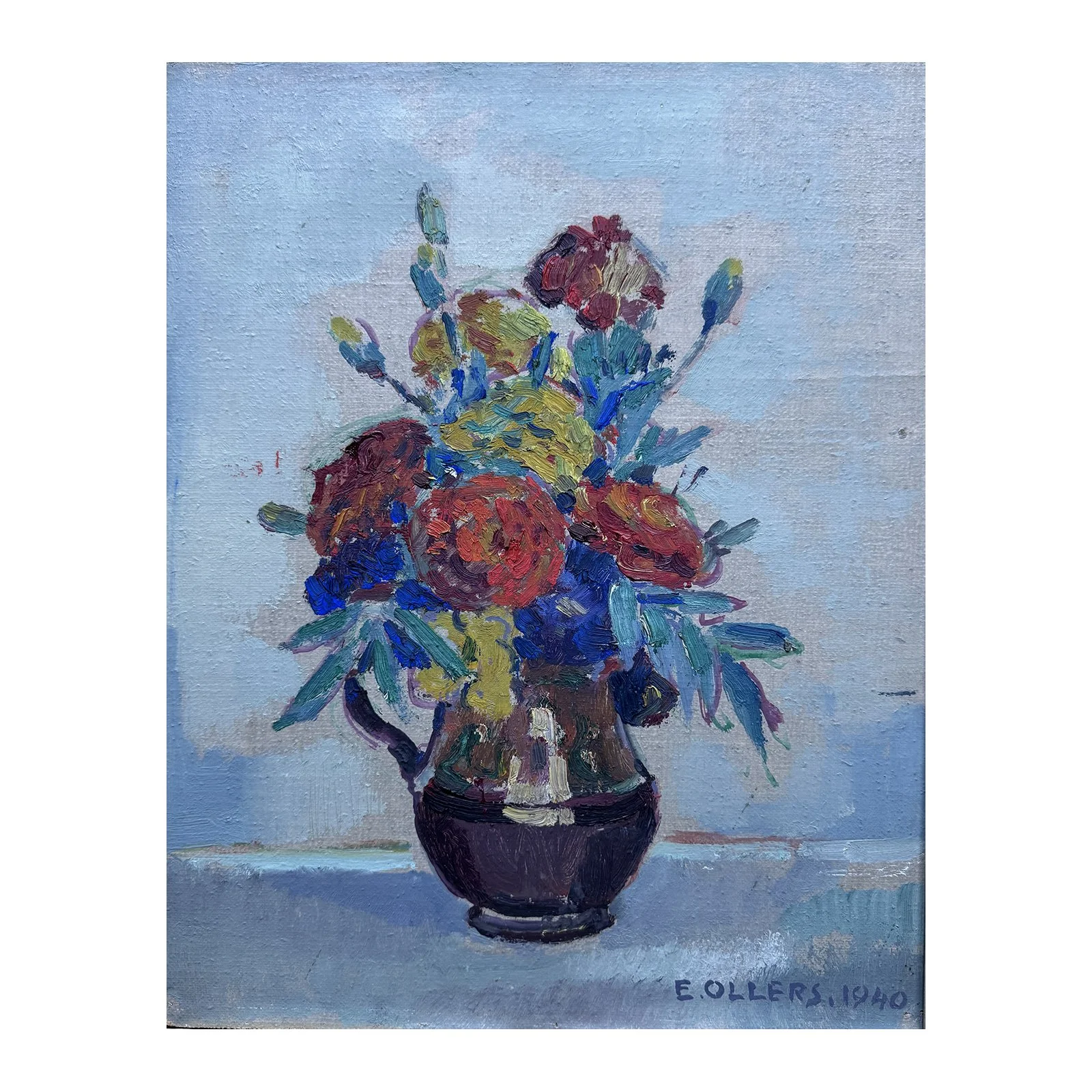 Original vintage still life painting of colourful flowers in a brown vase