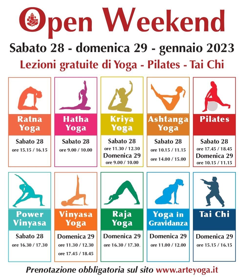 Art&egrave; Open Weekend
28 | 29 gennaio 2023
Un&rsquo;occasione per avvicinarsi alle nostre discipline di Yoga e Pilates
🧘&zwj;♀️🧘&zwj;♂️🧘
#openweekend 
.
,
.
,
#arteyoga #associazioneartemilano #yogamilano #yoga #yogaitalia #yogacenter #milano #