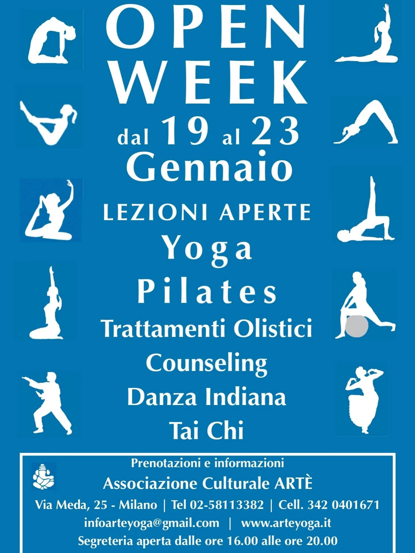 🌀 OPEN WEEK ART&Egrave;
📅 19&ndash;23 GENNAIO

Una settimana di lezioni aperte per scoprire le discipline del centro e iniziare l&rsquo;anno con presenza e consapevolezza.

Yoga &bull; Pilates &bull; Danza Indiana &bull; Tai Chi
Trattamenti olistic