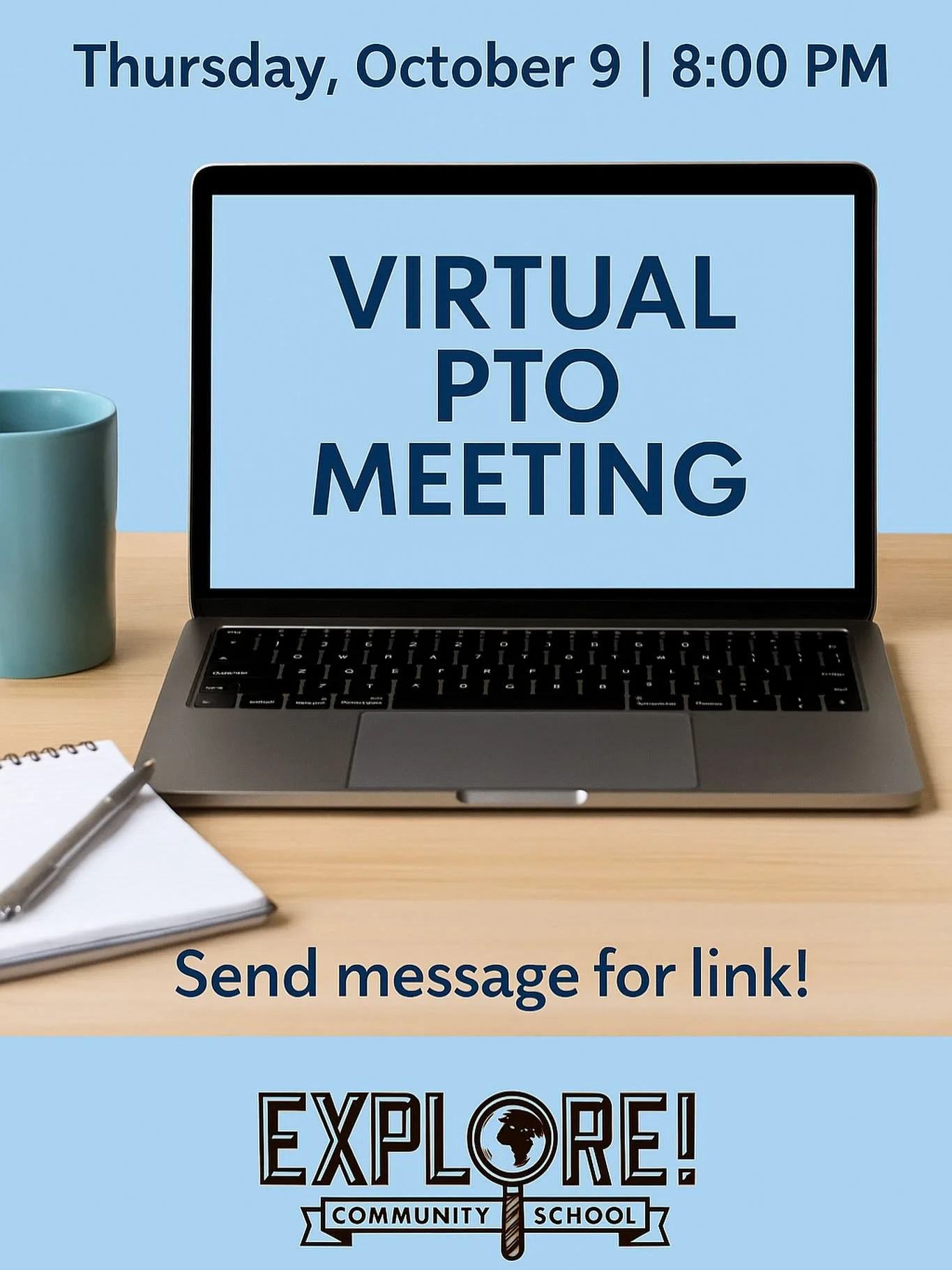 📣 PTO Meeting &ndash; Virtual!
Join us for our next PTO meeting on Thursday, October 9 at 8:00 PM &mdash; from the comfort of your home! ☕💻

We&rsquo;ll talk about upcoming events, volunteer opportunities, and ways to make this school year amazing.