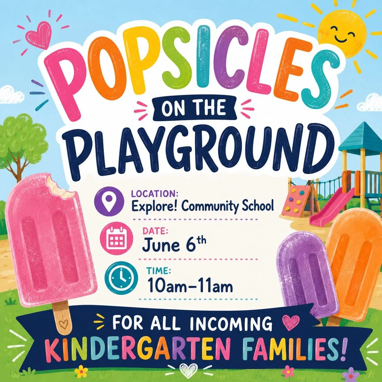 We are SO excited to meet all our newest Explorers and their families! We hope you can join us for a fun morning filled with popsicles and playing as we meet our newest community members! PTO will be hosting and will have lots of sweet treats and Exp