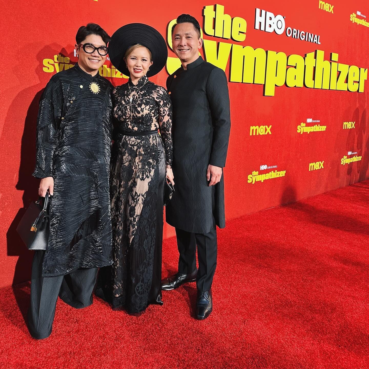 Author @viet_t_nguyen looked so handsome in our Boyfriend &Aacute;o D&agrave;i Trench and his wife Lan Duong in our custom beaded French lace &Aacute;o D&agrave;i Khăn Đ&oacute;ng at The Sympathizer Premiere @streamonmax April 14. 

Thank you so much
