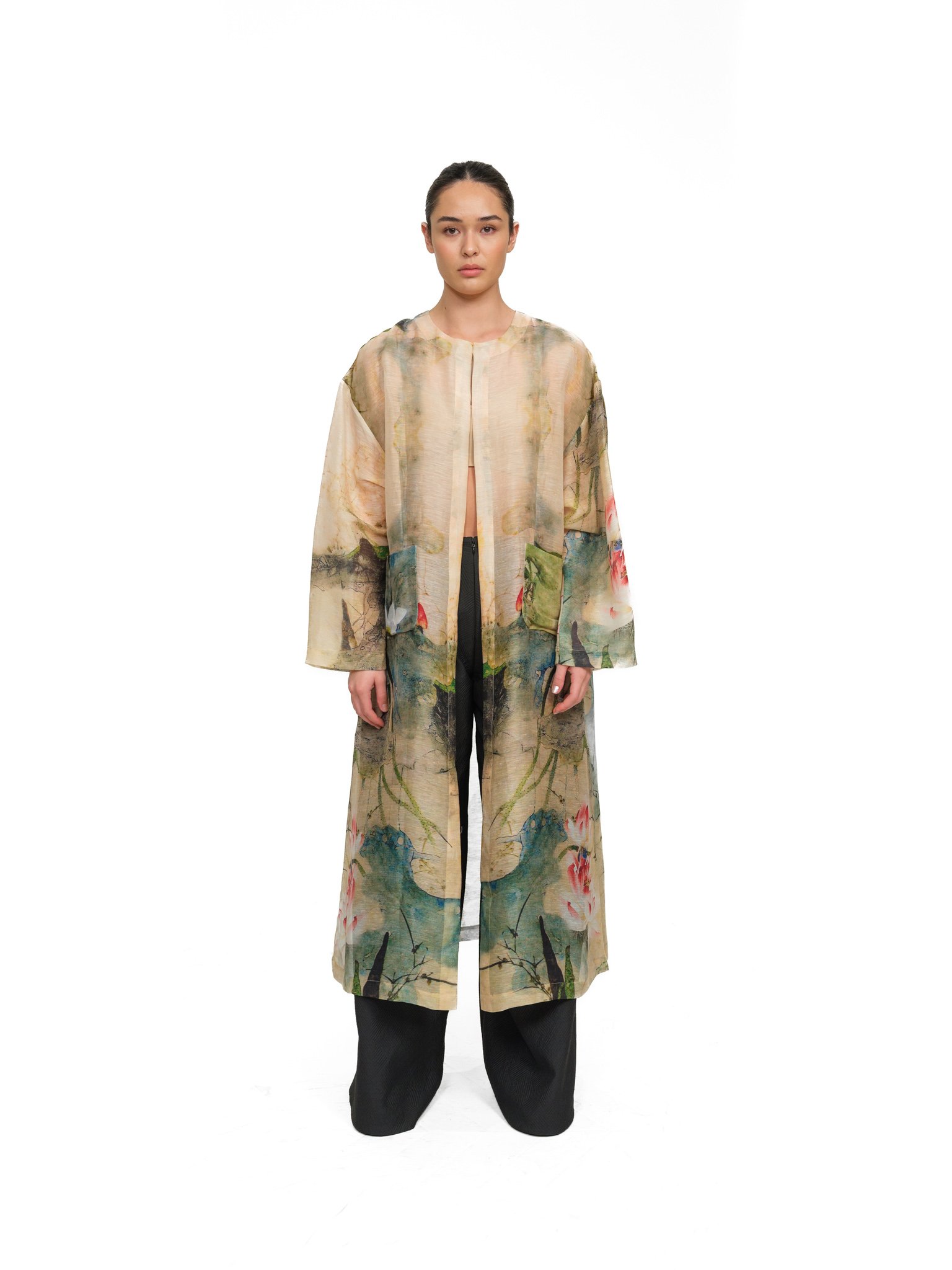 One-of-a-kind - Non-gendered - One-Size - Áo Tứ Thân - White Pink Lotus Water Color Silk Linen