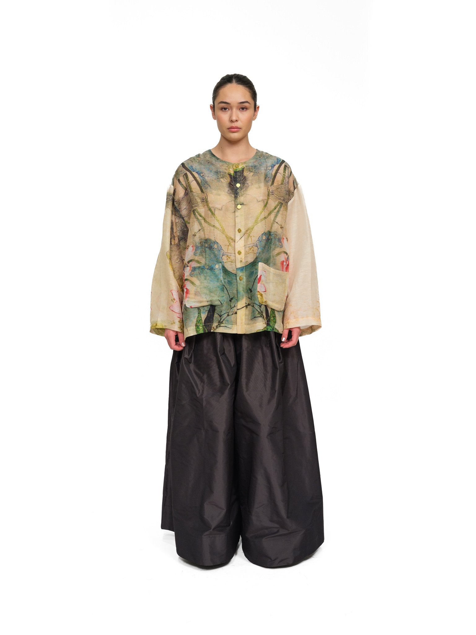 One-of-a-kind - Non-gendered - One-Size - Áo Bà Ba - White Pink Lotus Water Color Silk Linen