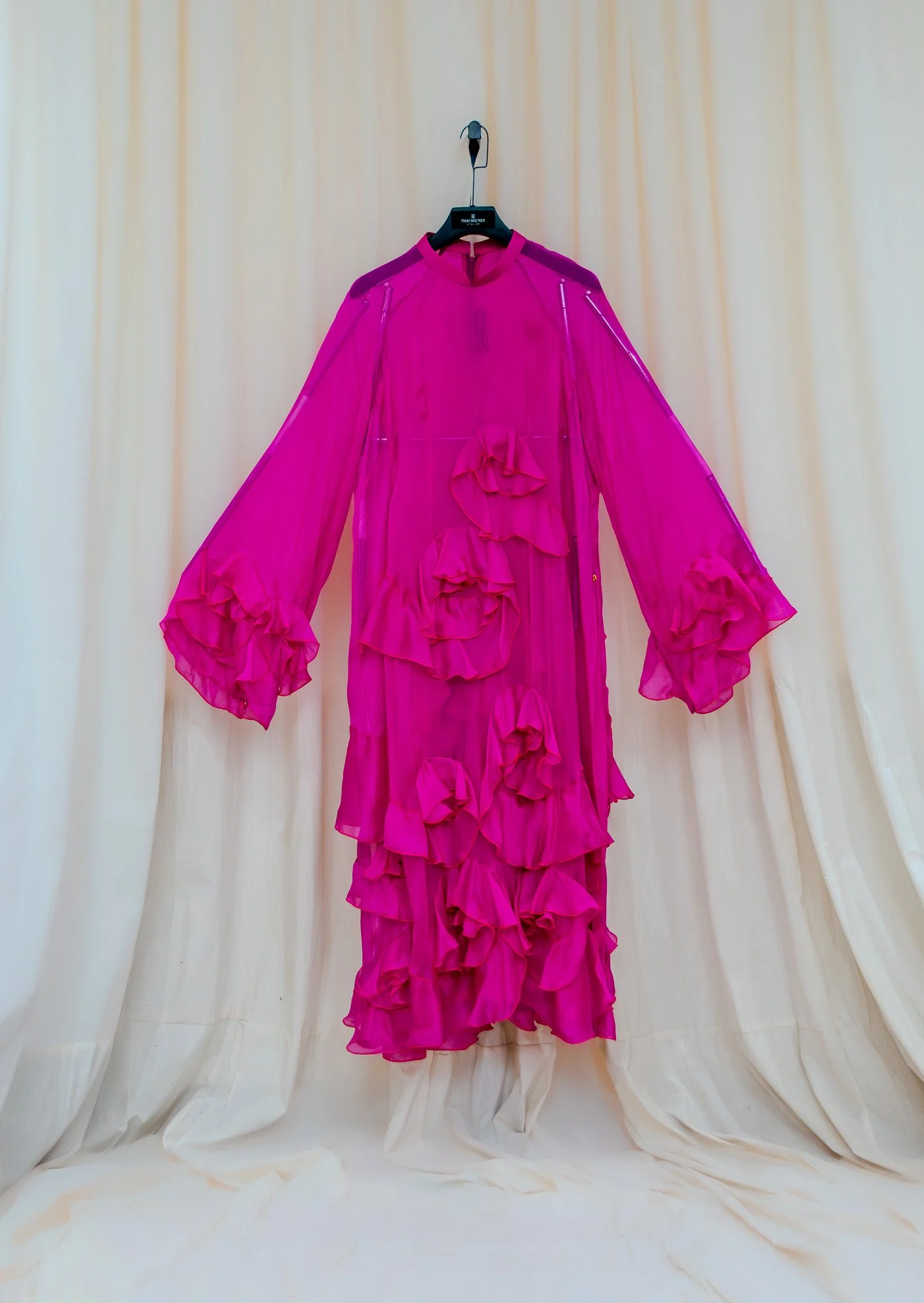 One-of-a-kind - Non-gendered - One-Size - Rosette Ruffles - Fuchsia Silk Satin Chiffon