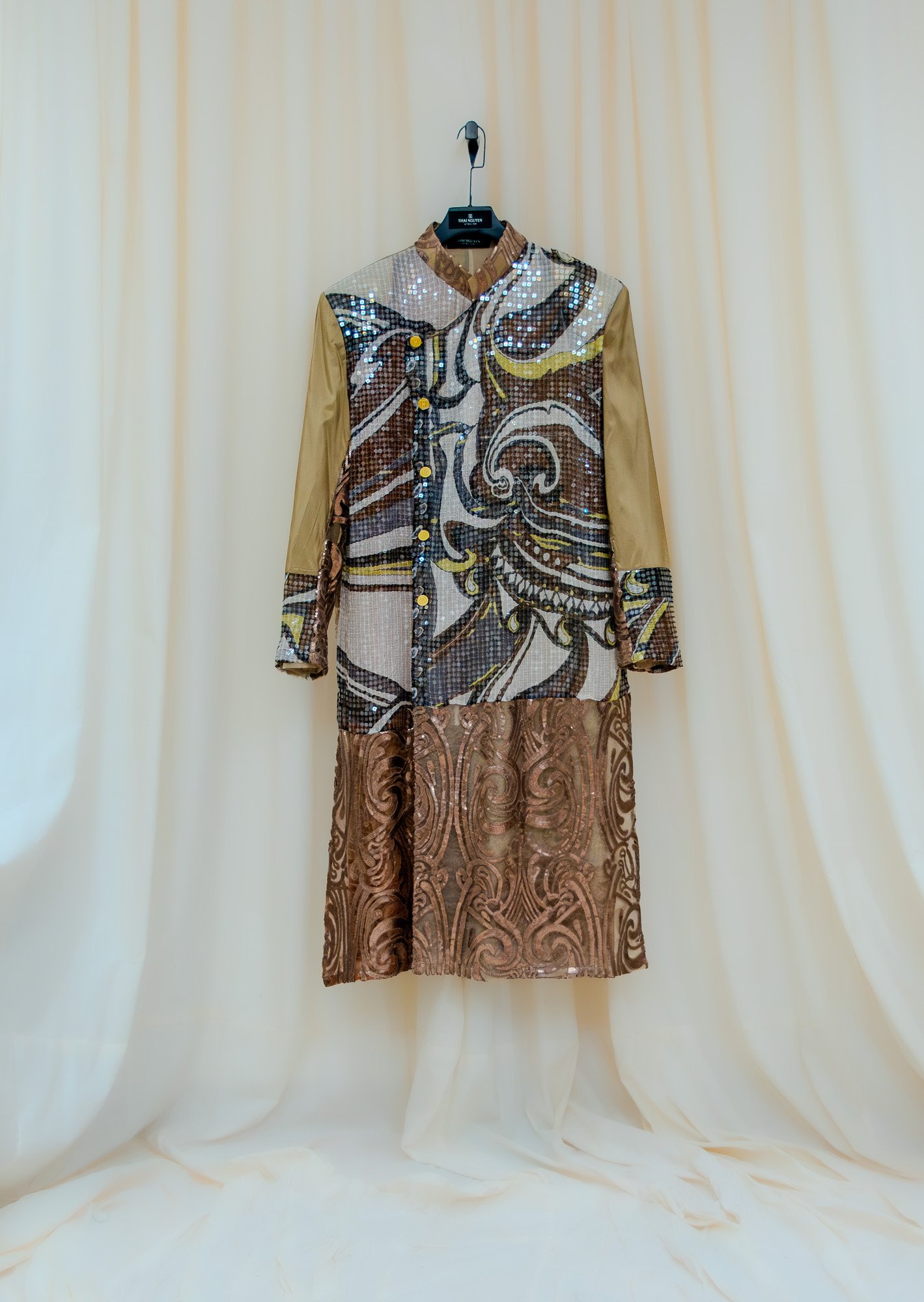 Non-gendered - Boyfriend Áo Dài Trench Coat - Combo Beaded Silk Chiffon, Lace, and Silk Taffeta