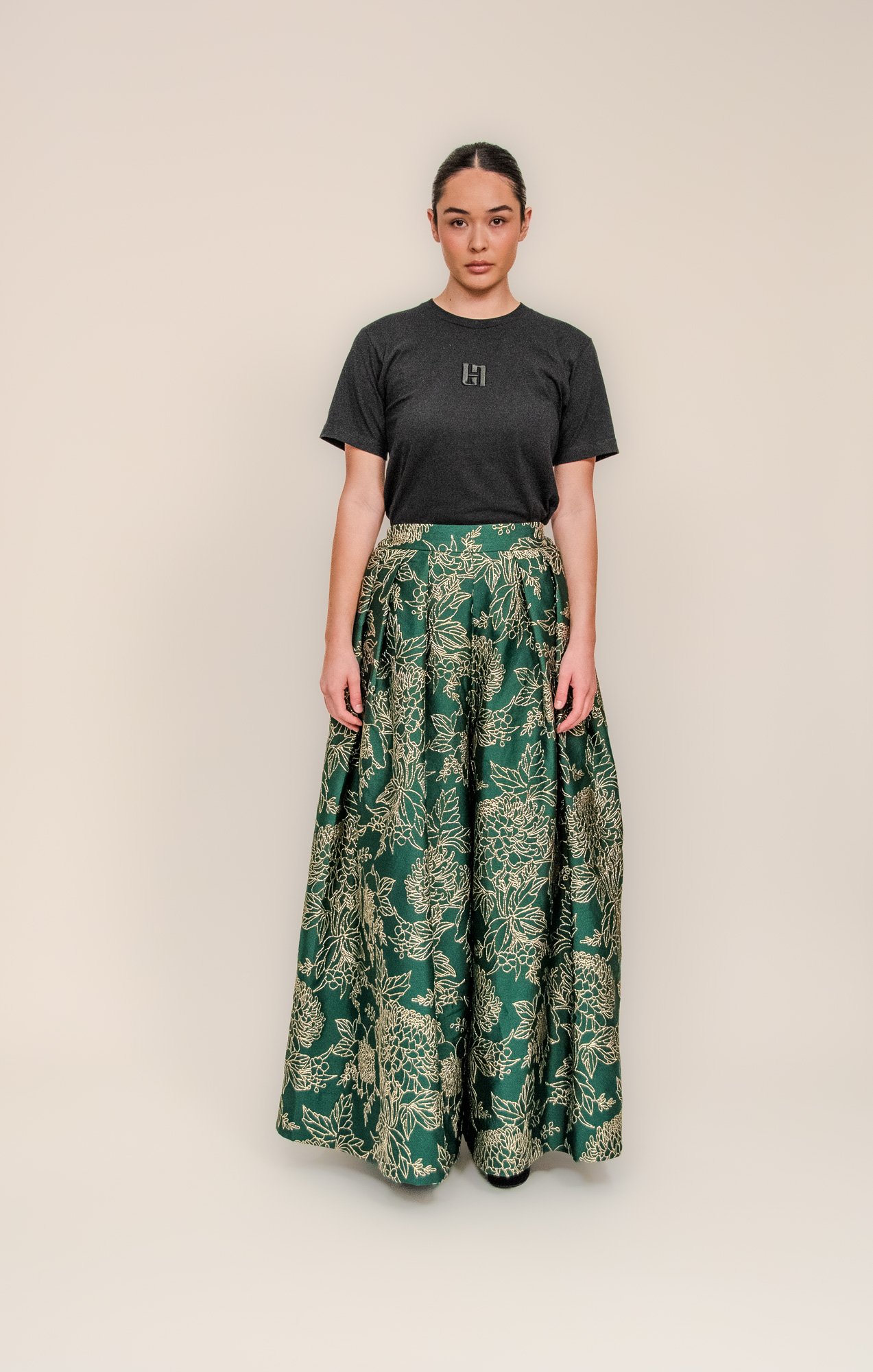 Non-gendered - Quần Ống Rộng - Wide Leg Pants - Emerald Green Metallic Chrysanthemum Silk Brocade