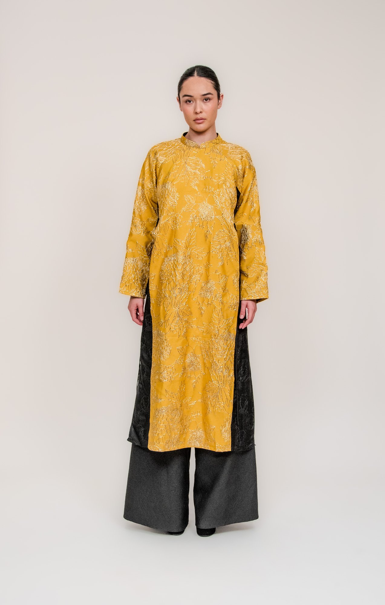 One-of-a-kind - Non-gendered - One-Size - Áo Dài Xuông - Gold Metallic Chrysanthemum Silk Brocade Black Silk Organza