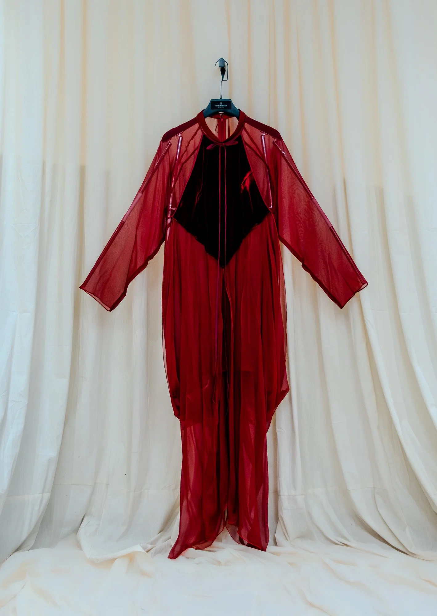One-of-a-kind - Non-gendered - One-Size - Ruby Red Silk Crinkle Chiffon and Velvet