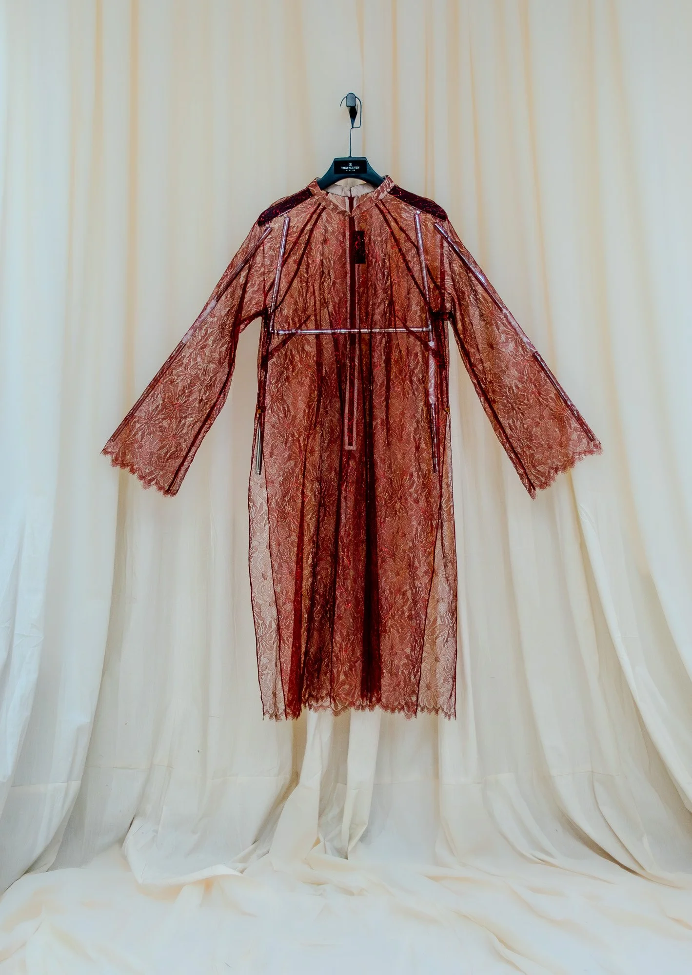 One-of-a-kind - Non-gendered - One-Size - Áo Dài Xuông - Bordeaux Metallic Chantilly French Lace