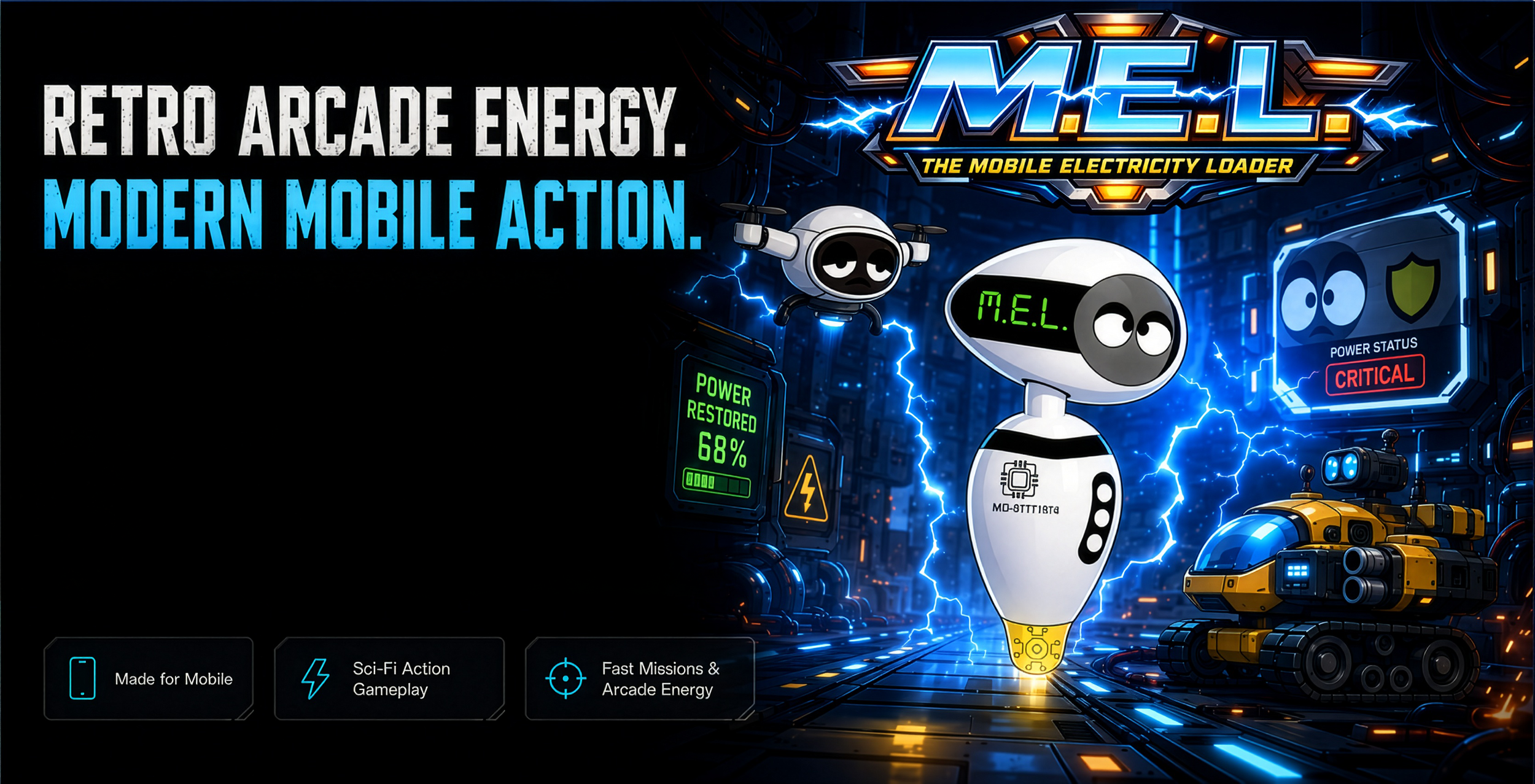 Futuristic cartoon robots in a sci-fi arcade setting with energy effects, digital screens, and robotics, promoting a mobile arcade game called M.E.L. with a tagline 'Retro Arcade Energy. Modern Mobile Action.'