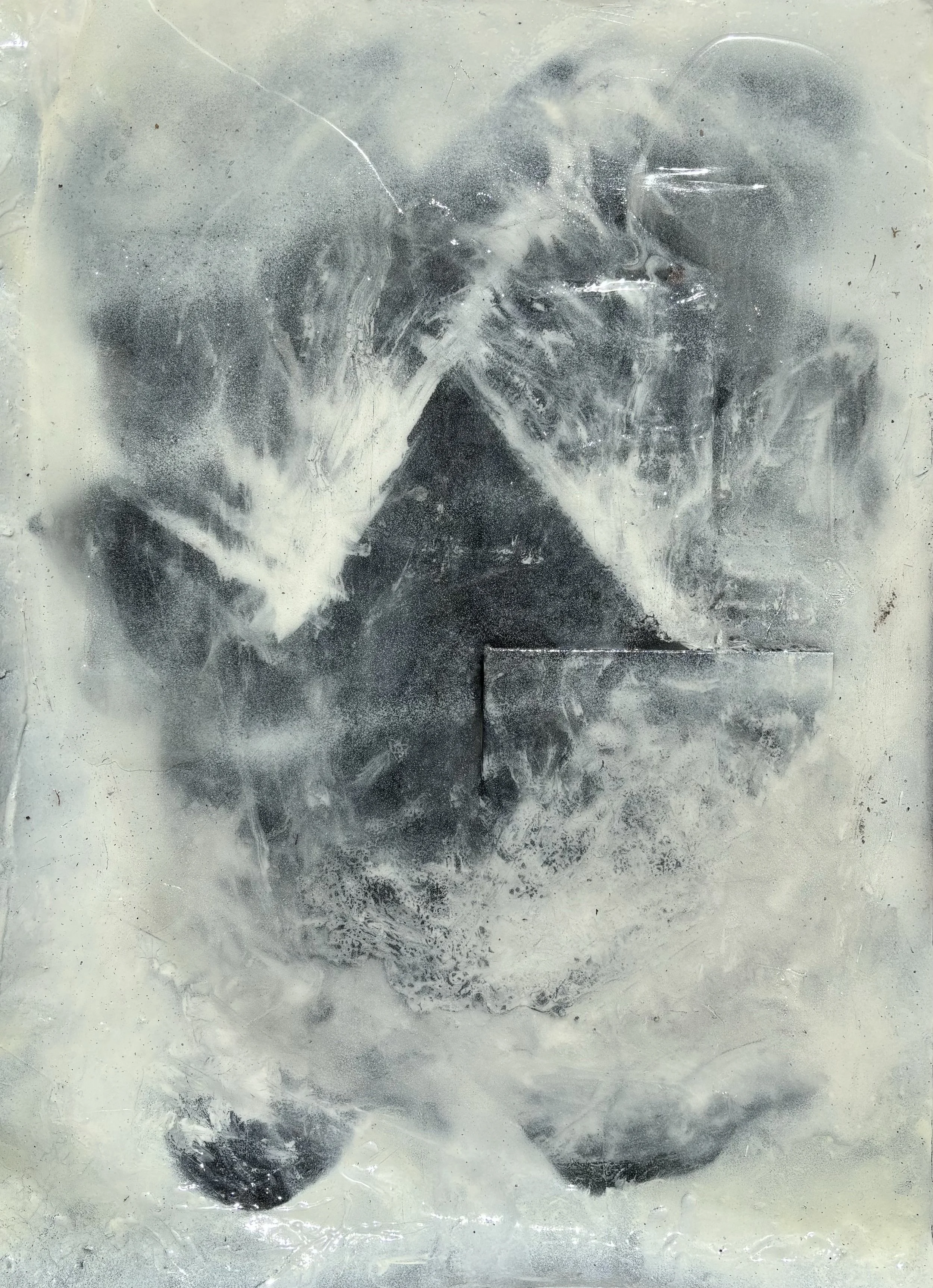 Soft Mountain | 2024 | 34 x 26 inches | charcoal, oil, resin, plexiglass, wood, watercolor paper