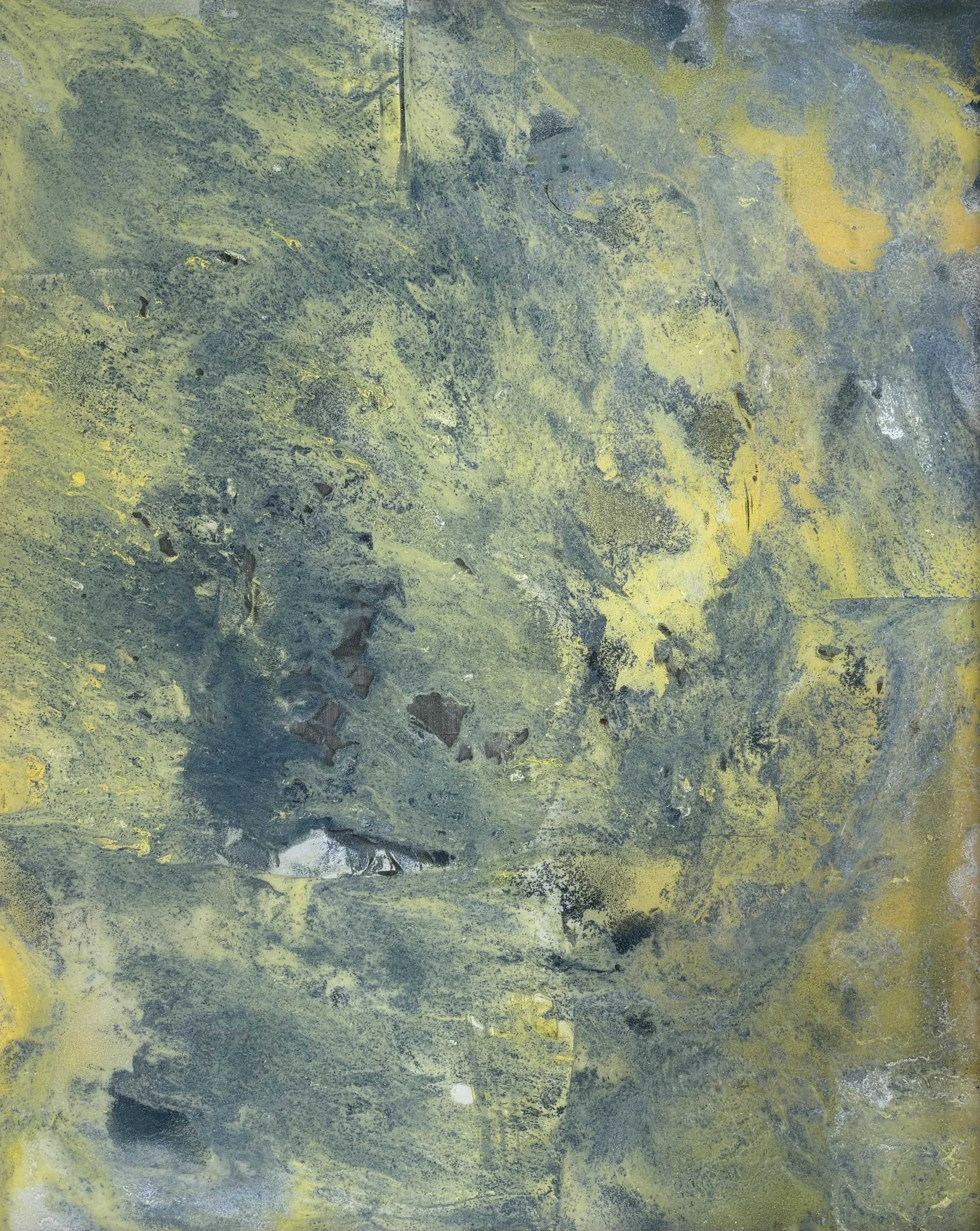 Lagoon | 2023 | 34 x 28 x 2 1/4 inches | Arches paper, watercolor, acrylic, spray paint, glass, resin