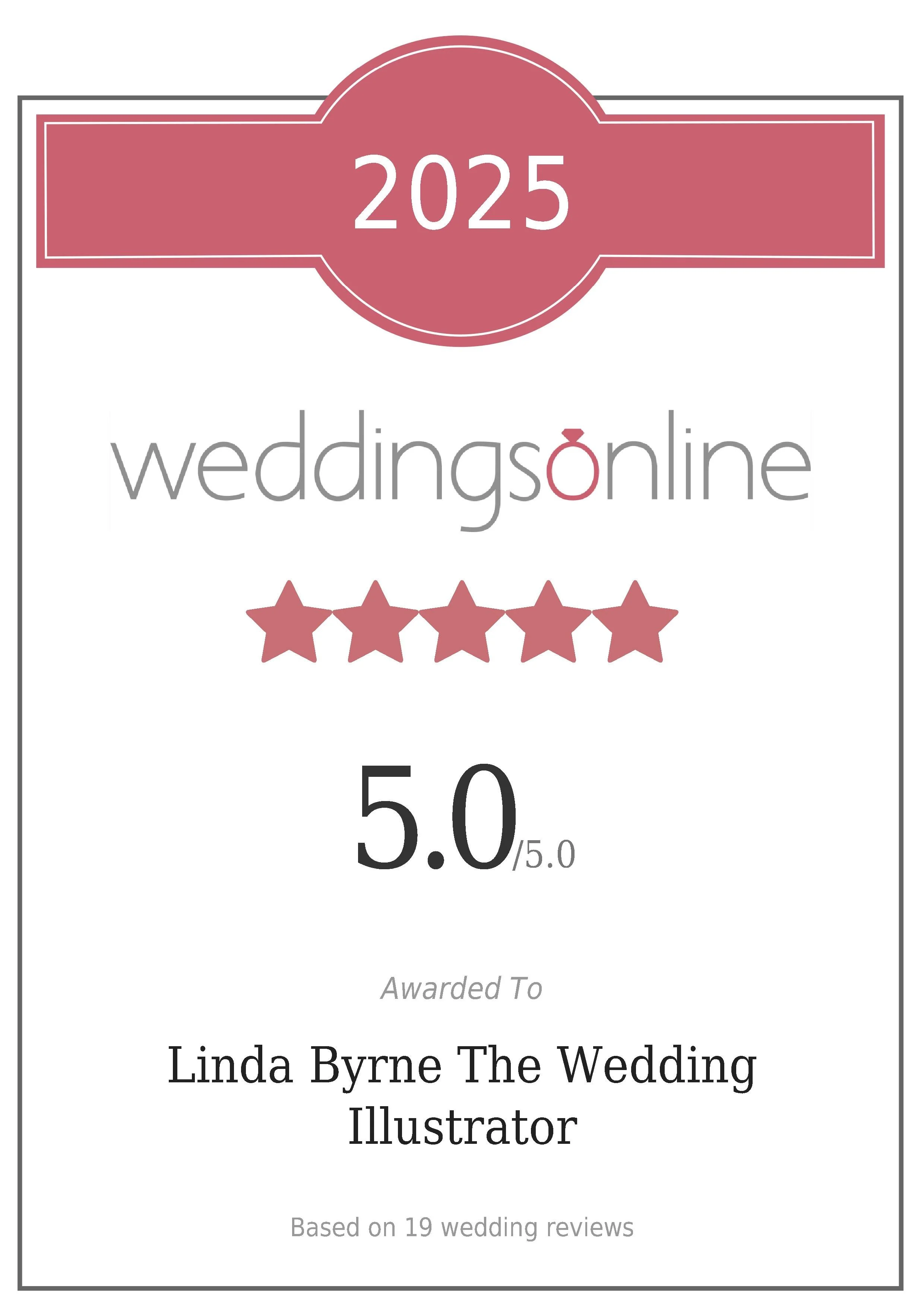 Online wedding review certificate for 2025, awarded to Linda Byrne The Wedding Illustrator, with five-star rating and a score of 5.0 out of 5 based on 19 reviews.