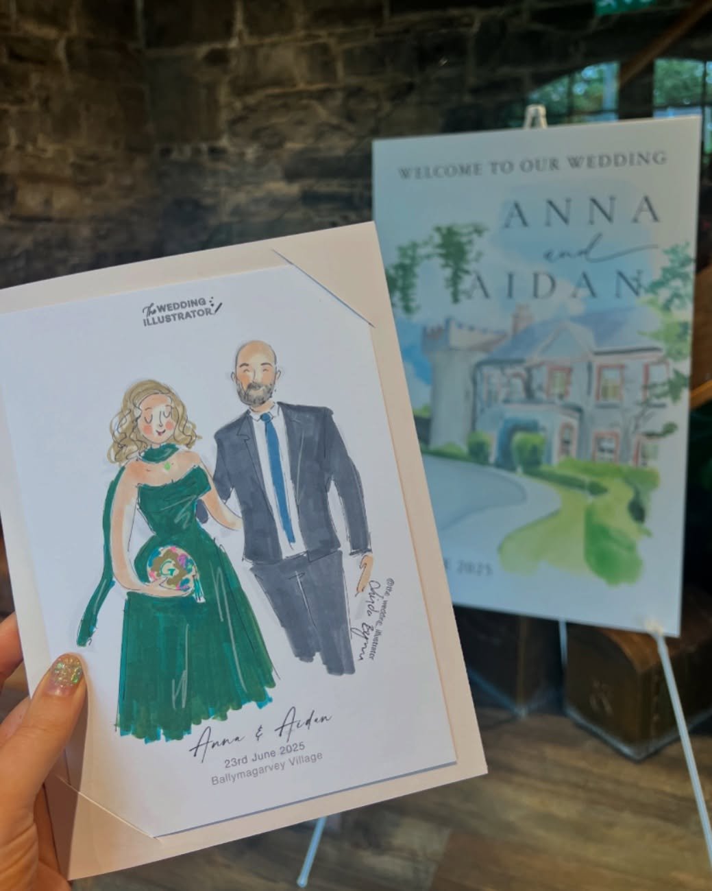 Such a joy to be part of Anna &amp; Aidan&rsquo;s beautiful celebration 🥂 Here&rsquo;s one of the guest portraits I created, plus a peek at the stunning signage featuring a painting by a super talented guest 🎨 Nothing like a wedding that celebrates