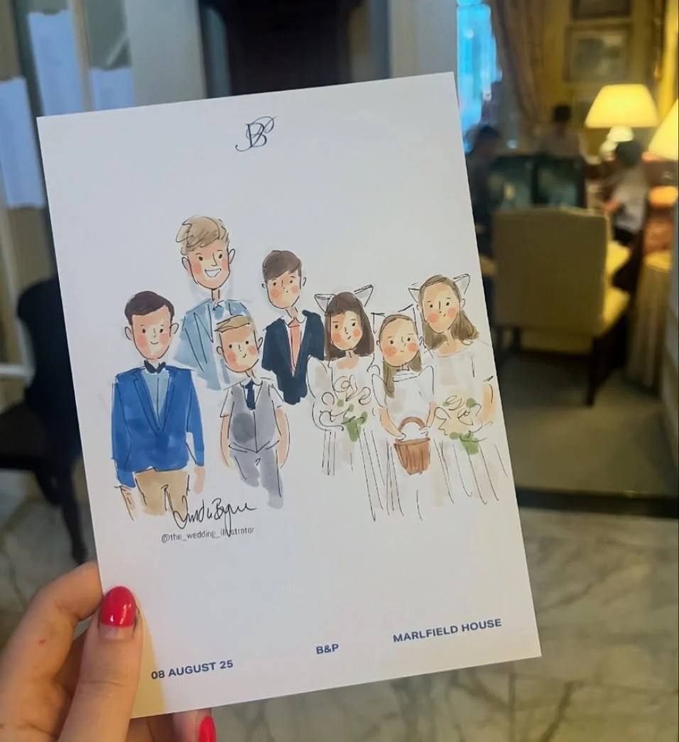 &ldquo;Woohoo, our aunty got married!&rdquo;🎉👏🏼 Great excitement in @marlfieldhouse to see aunty Bridget marrying Paul! 💙

I remembering going to my aunties wedding when I was 7, it felt so magical ✨

#liveguestportraits #liveweddingillustration 