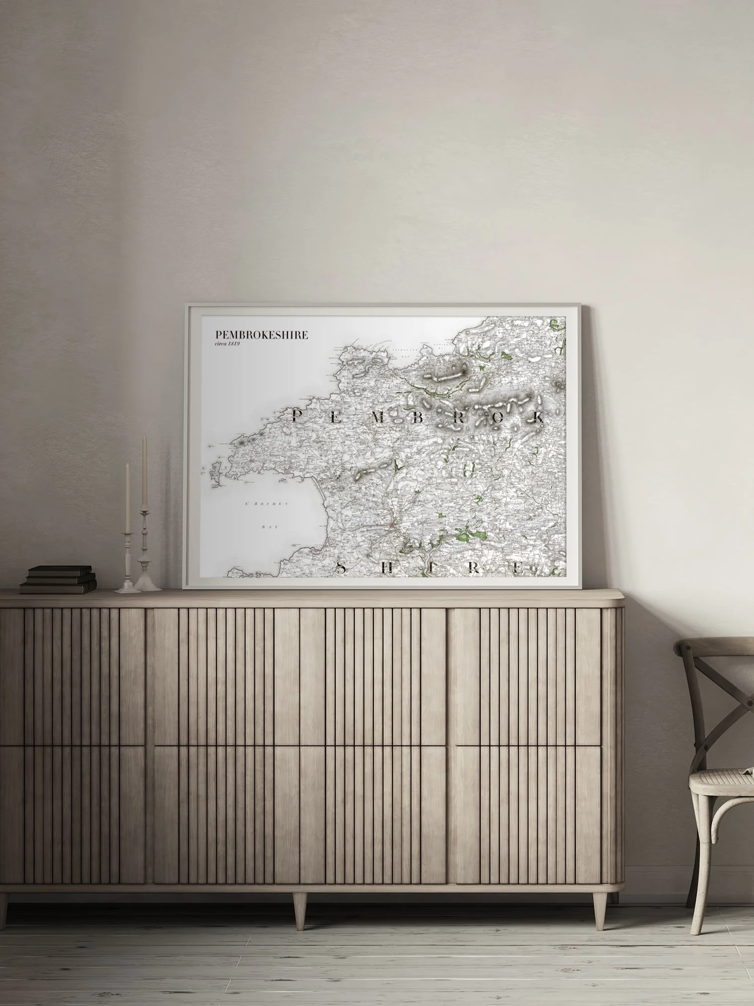 1819 OS map of Pembrokeshire, shown framed on a sideboard.
