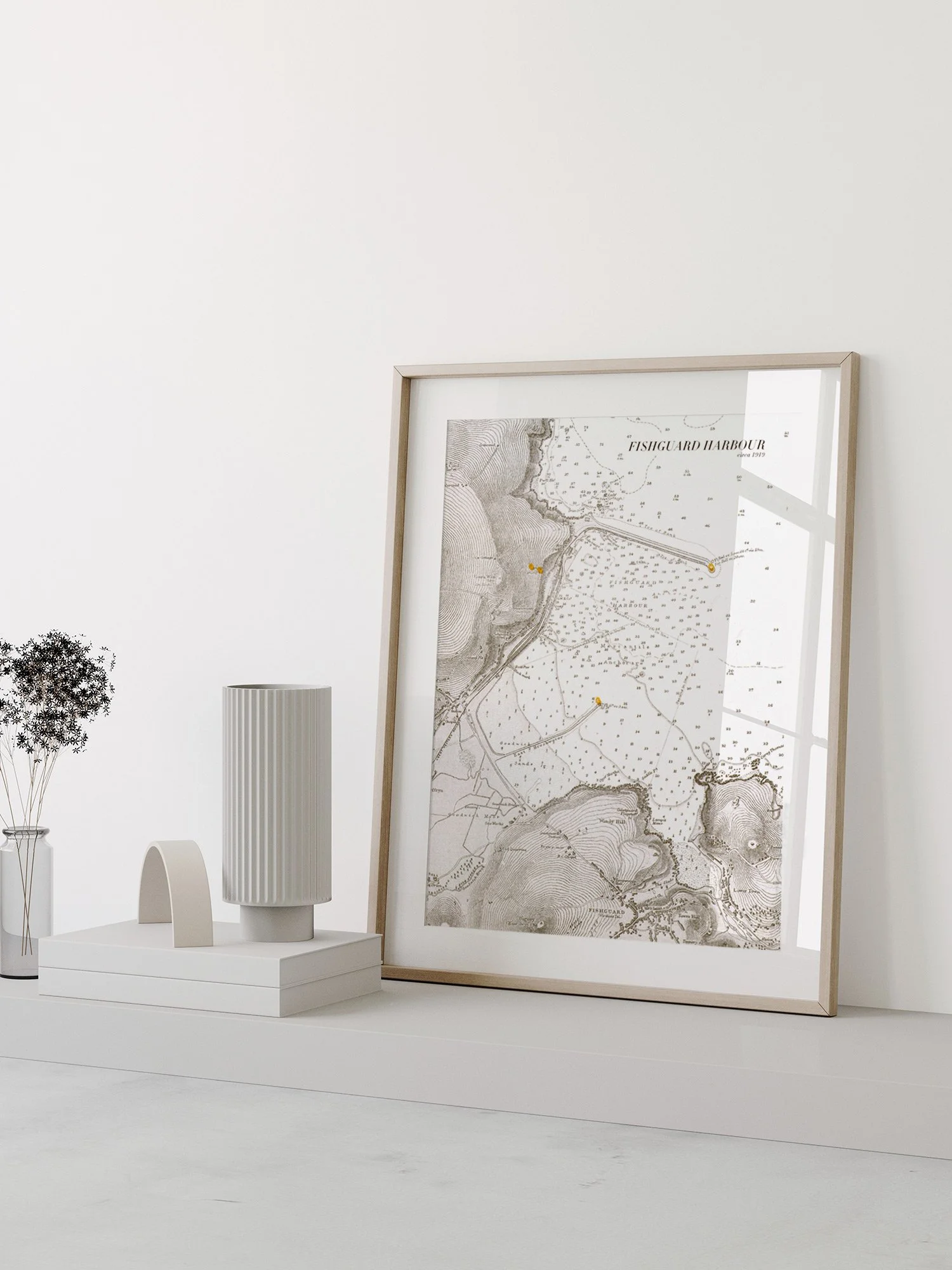 1919 Fishguard harbour Nautical Chart Print, shown framed.