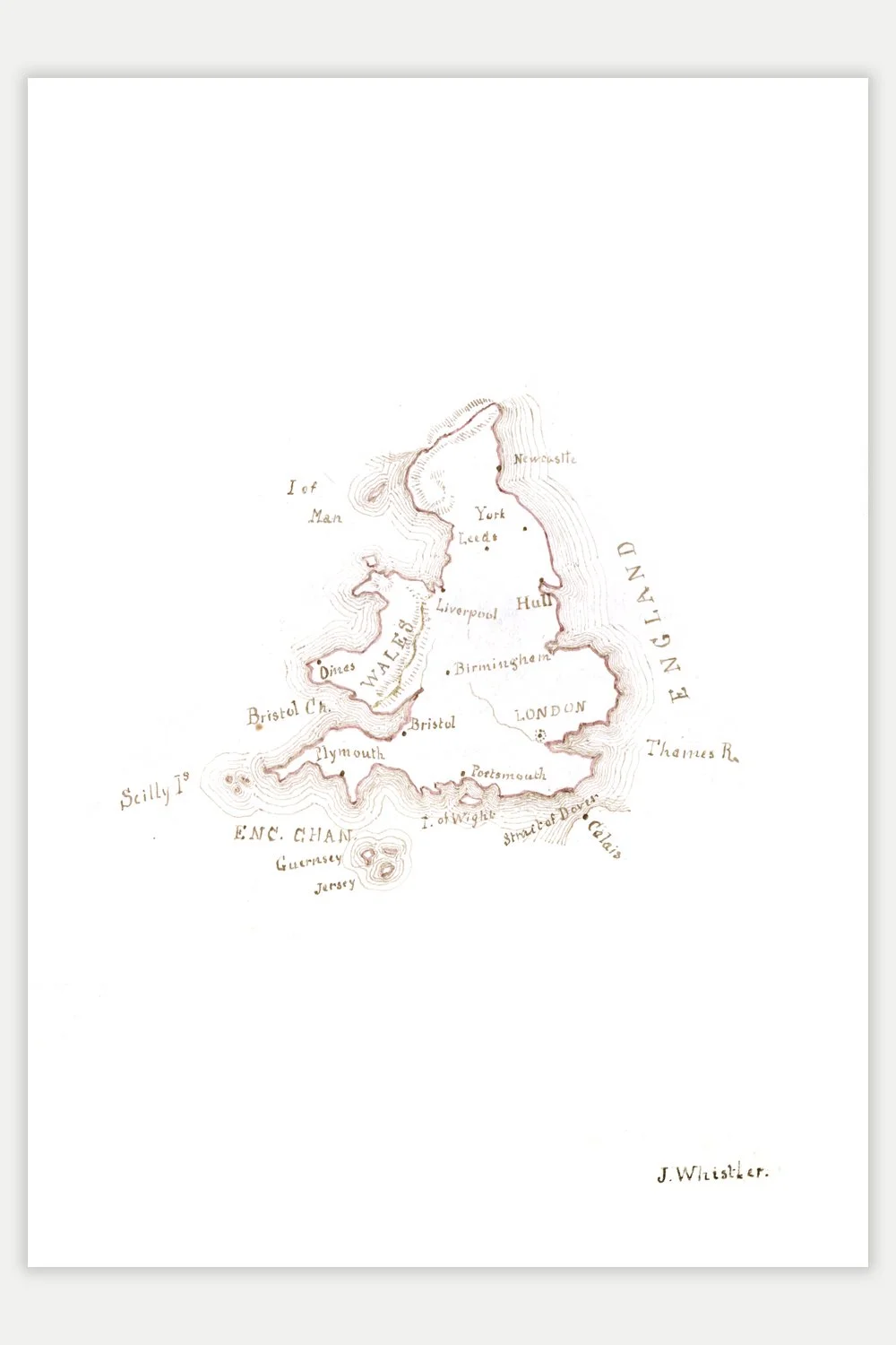 !850 sketched map of England and Wales A4 print