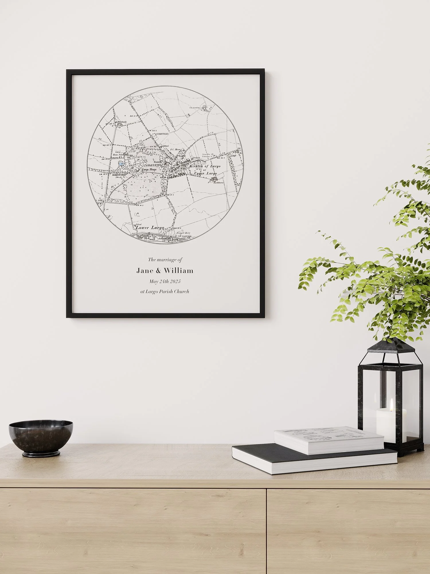 A custom map created for a couple married at Upper Largo Church in Upper Largo, Scotland.