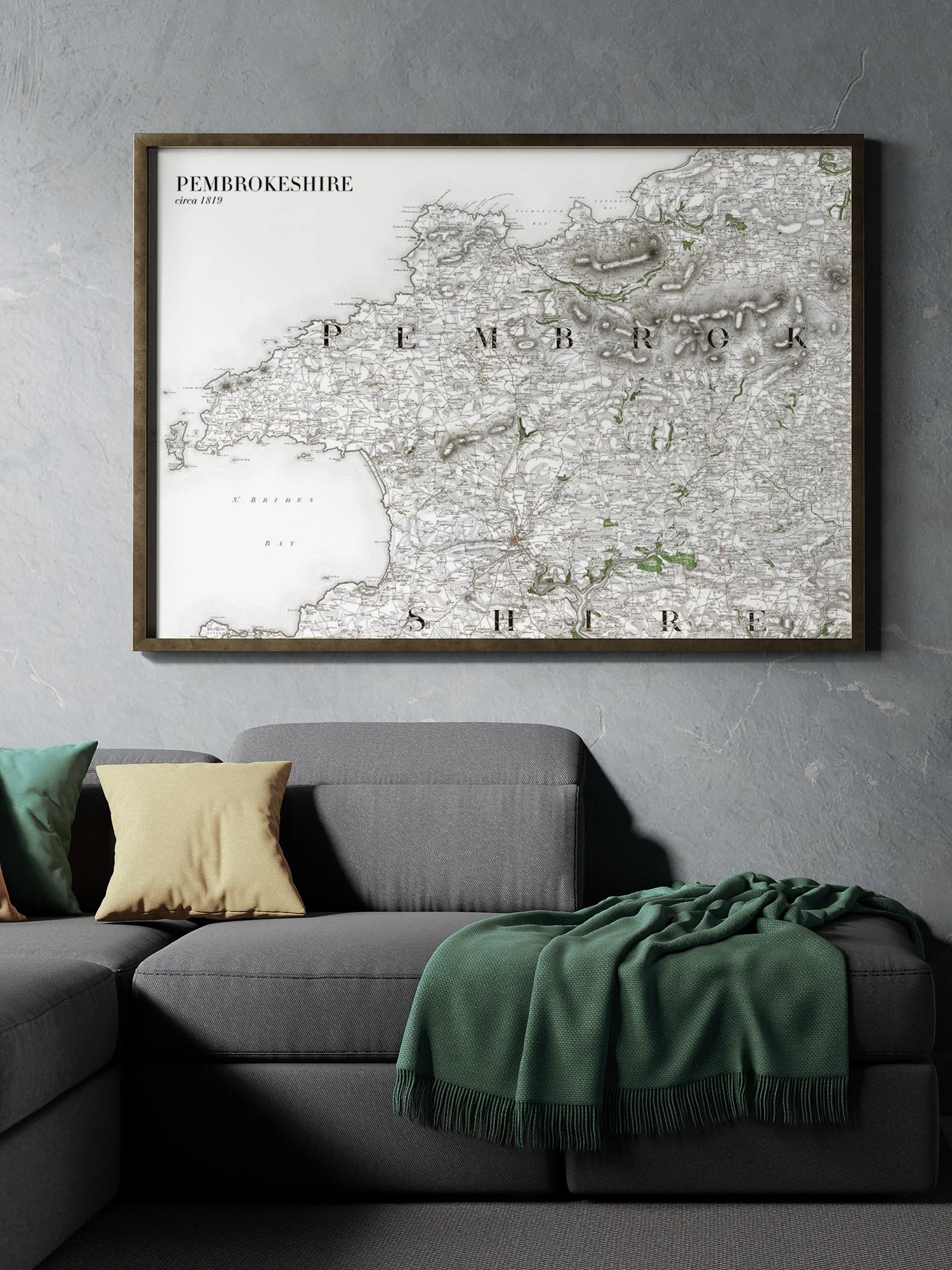 Restored and hand coloured 1819 OS map of Pembrokeshire, shown framed.