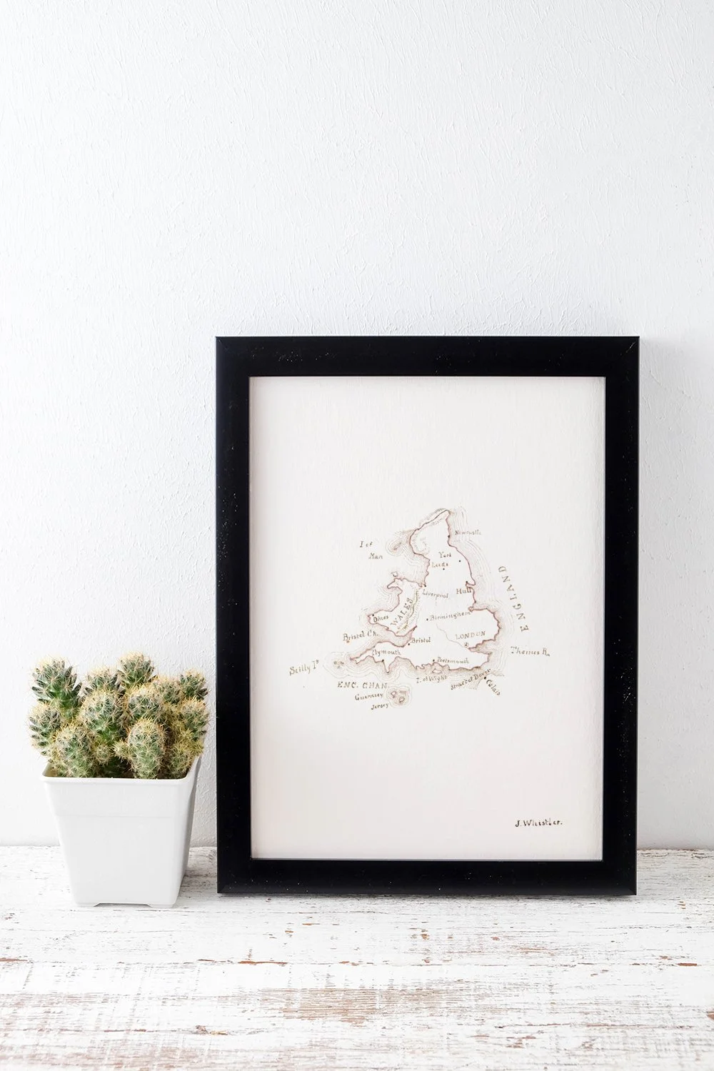 Framed print of an c1850 sketched map of England and Wales